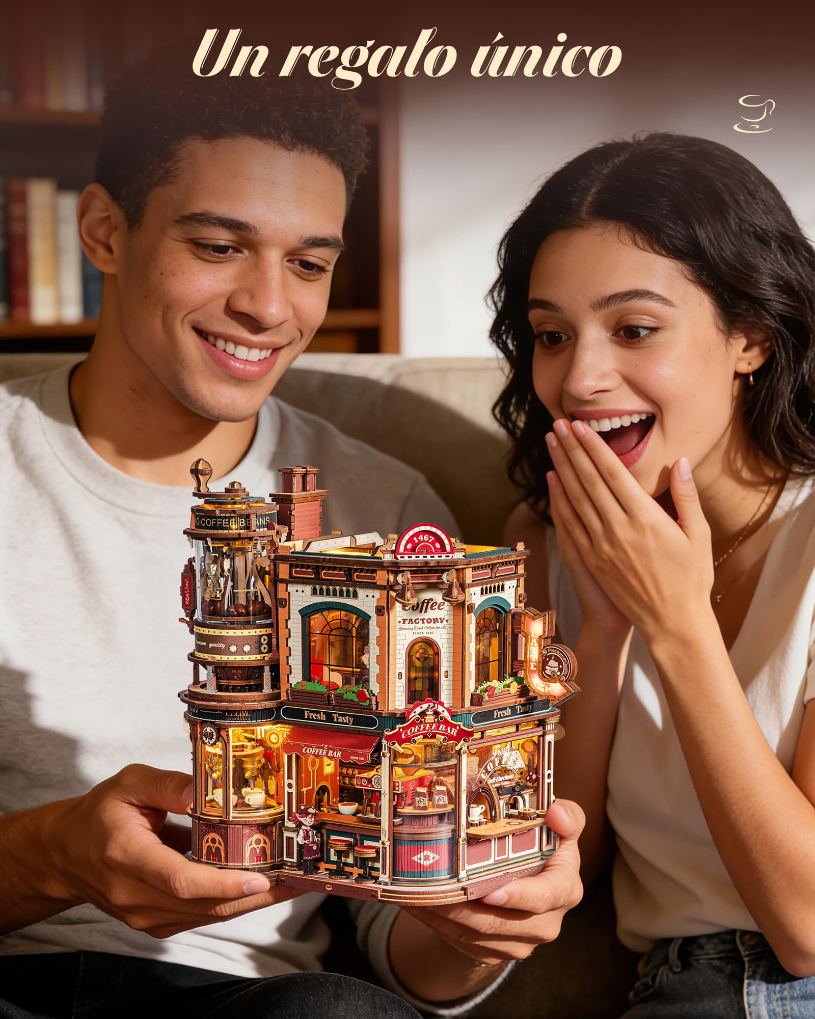 ROKR Dream Coffee Factory EAB02 Casa de Muñecas Miniatura DIY con Caja de Música para Adultos, Modelo de Fábrica de Café Mecánico con Piezas Móviles, Iluminación LED y Música Jazz, Regalo Creativo