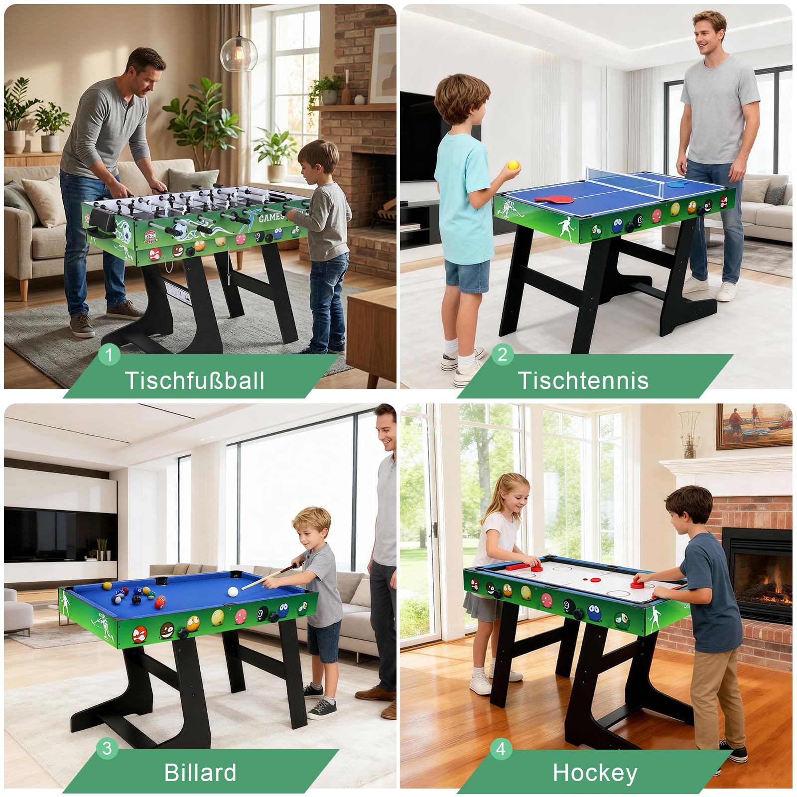 4 in 1 121cm Billard Tischfußball Air Hockey Tischtennis mit Zubehör | Multifunktionale Spieltische, Zusammenklappbarer Tisch, Plattenwechsel, robustes Holz, platzsparend, ideale Familie