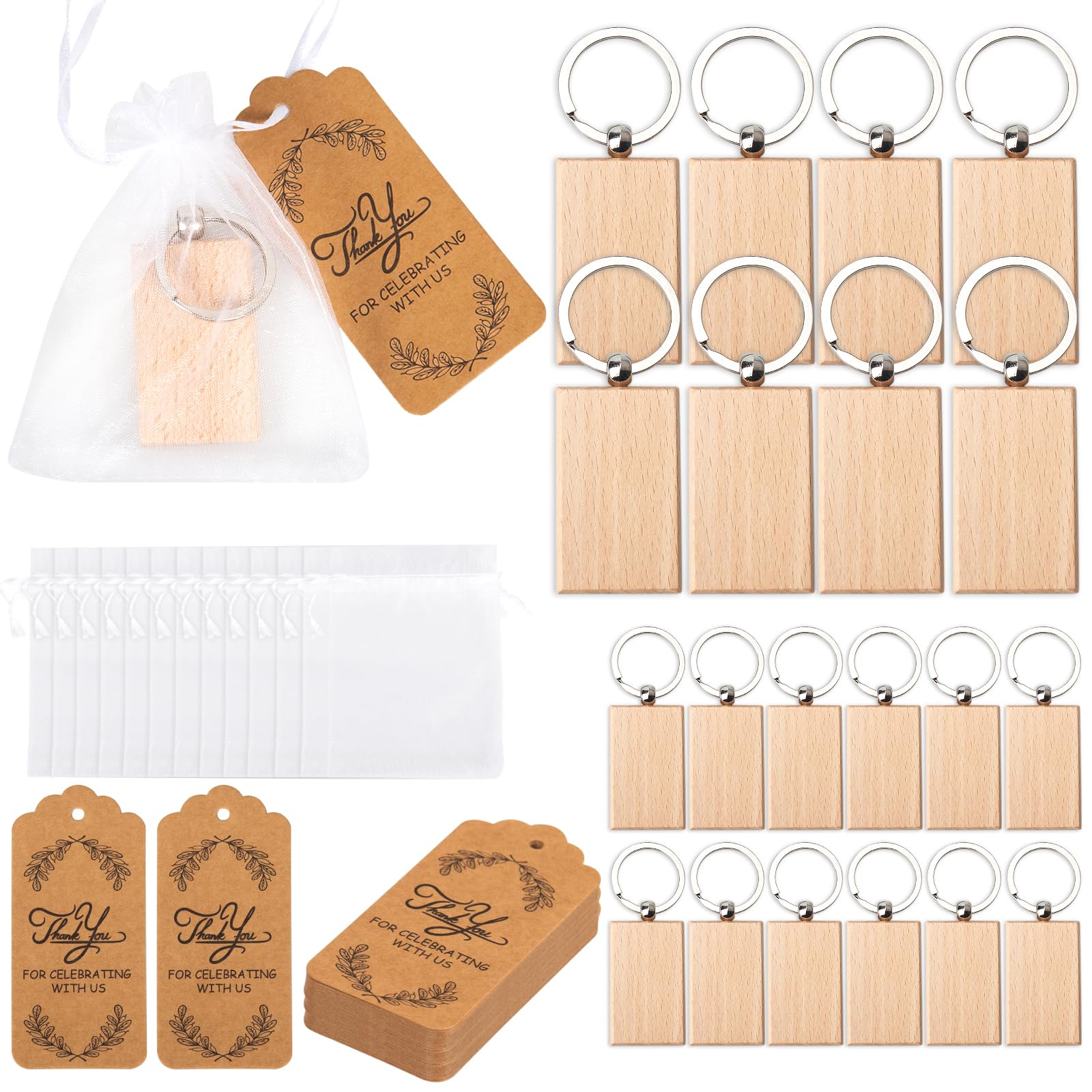 60 Pieces Blank Wooden Key Chain, 20 Sets of Rectangle Wood Blanks for Key Chains with Thank You Craft Paper Tags and White Organza Bags, Party Favors Key Chains for Kids