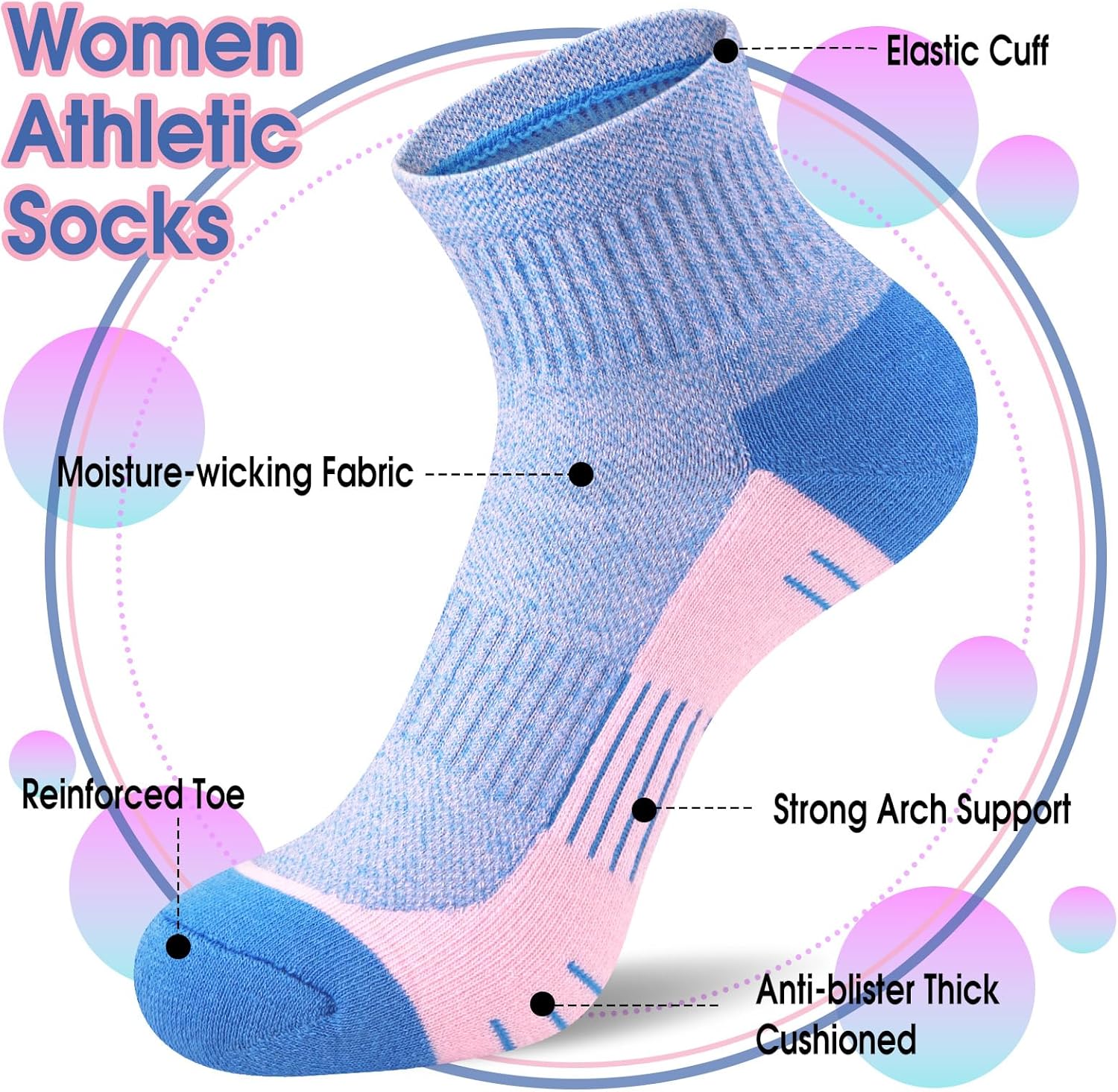 Ankle Socks Women Athletic Running Socks Hiking Cushioned 5-Pairs - Image 3