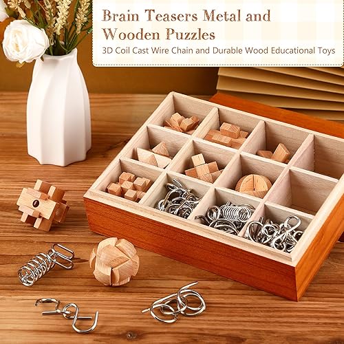 Miniatura 4 de Yilloog Juego de 45 piezas de rompecabezas de madera 3D que incluye rompecabezas de metal y madera para desafiantes rompecabezas para adultos y