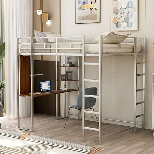 Merax Cama alta de metal con escritorio y almacenamiento, base de cama alta pesada para adolescentes, adultos, sin ruido, sin necesidad de somier,