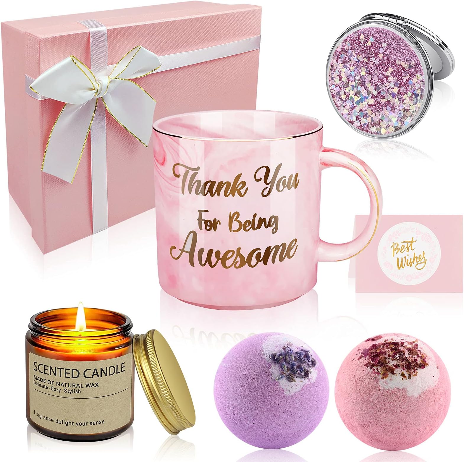 Youerls Thank You Gifts for Women, Valentines Day Gifts for Her Female Best Friend Birthday Gifts for Women Relaxing Spa Gift Basket with Coffee Mug Scented Candle Bath Bombs, Pink (TYLZ-01)