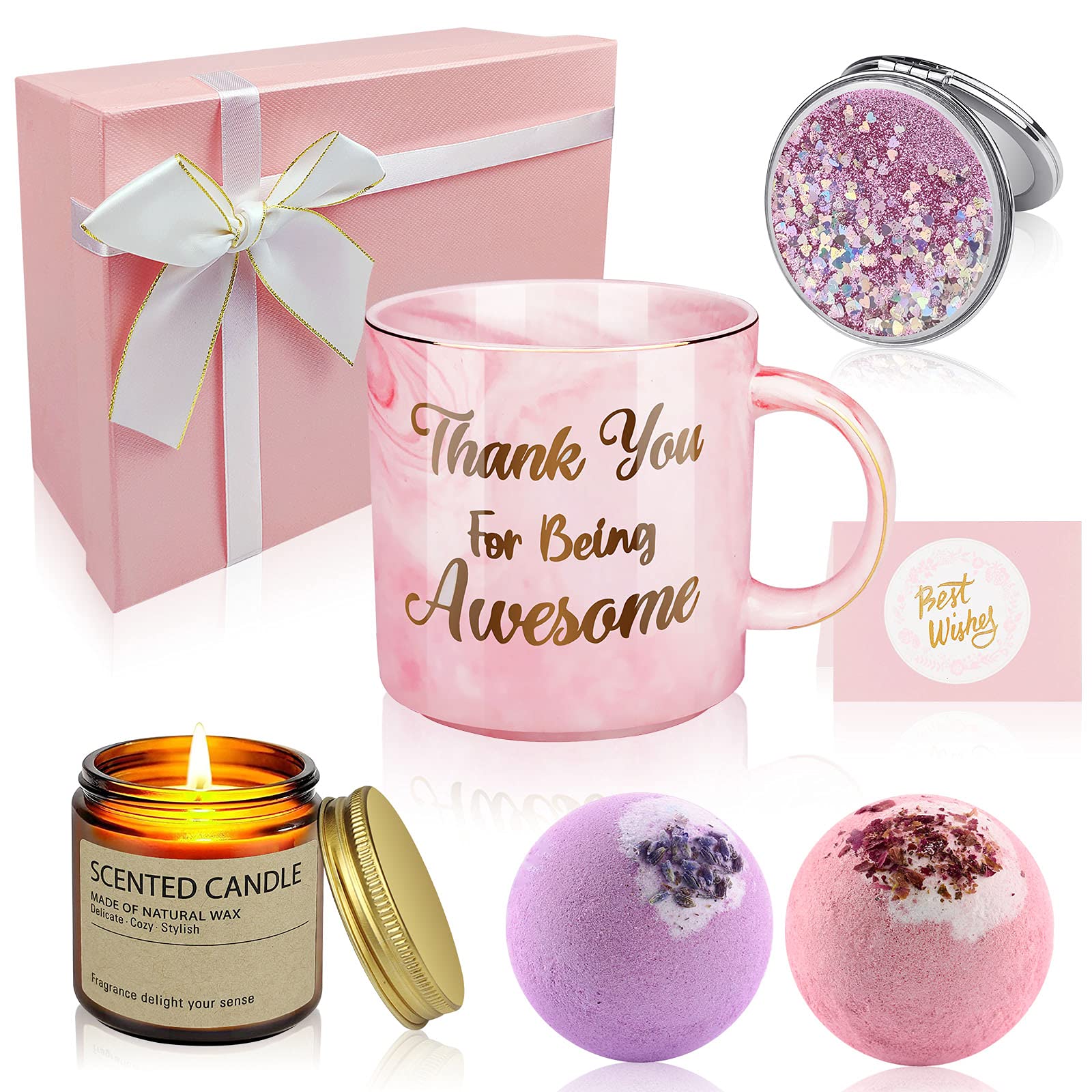 Youerls Thank You Gifts for Women, Valentines Day Gifts for Her Female Best Friend Birthday Gifts for Women Relaxing Spa Gift Basket with Coffee Mug Scented Candle Bath Bombs, Pink (TYLZ-01)