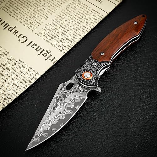 Vista 25 de Navaja de bolsillo con rompecristales, cuchillo plegable EDC Damasco con cortador de cinturón de seguridad, 3.35 pulgadas VG10 de hoja de acero