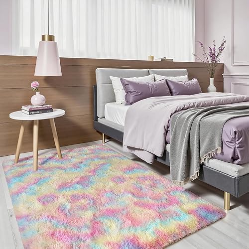 Terrug Alfombras de área esponjosas para sala de estar, dormitorio, 3 x 5 pies, teñido anudado arco iris, alfombra grande, antideslizante, moderna
