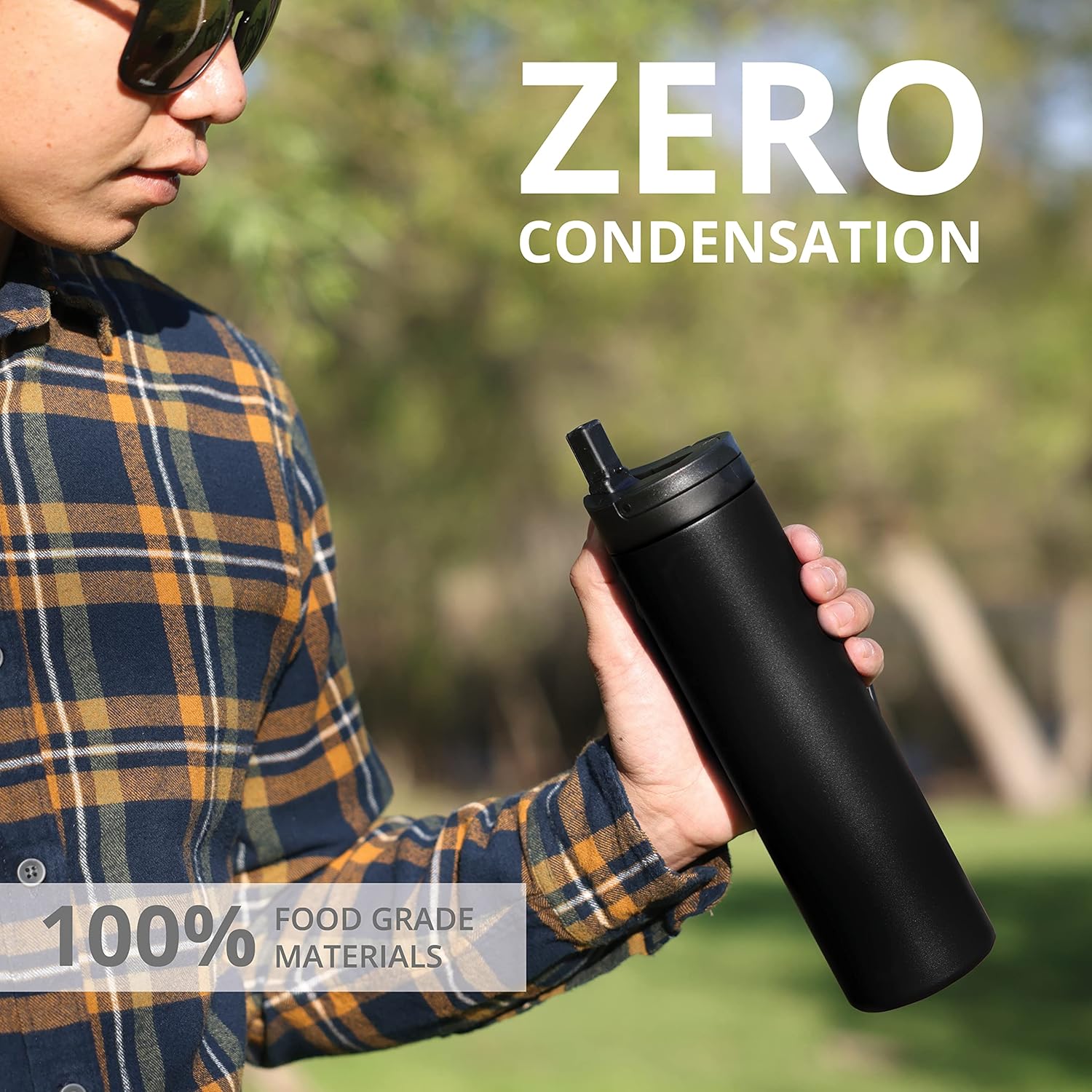 Elemental Iconic Stainless Steel Water Bottle with Straw - 20 oz Leak Proof Triple Wall Insulated Water Bottles for Travel and Sports - Reusable Gym Water Bottle with 2 Straws - Black