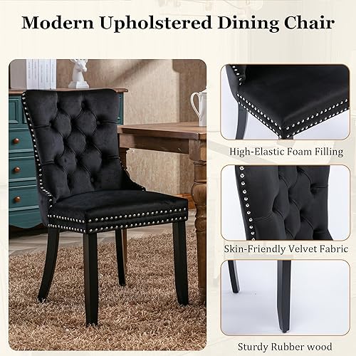 Miniatura 5 de Juego de 2 sillas de comedor, modernas sillas de comedor tapizadas de terciopelo con patas de madera y ribete de cabeza de clavo, respaldo