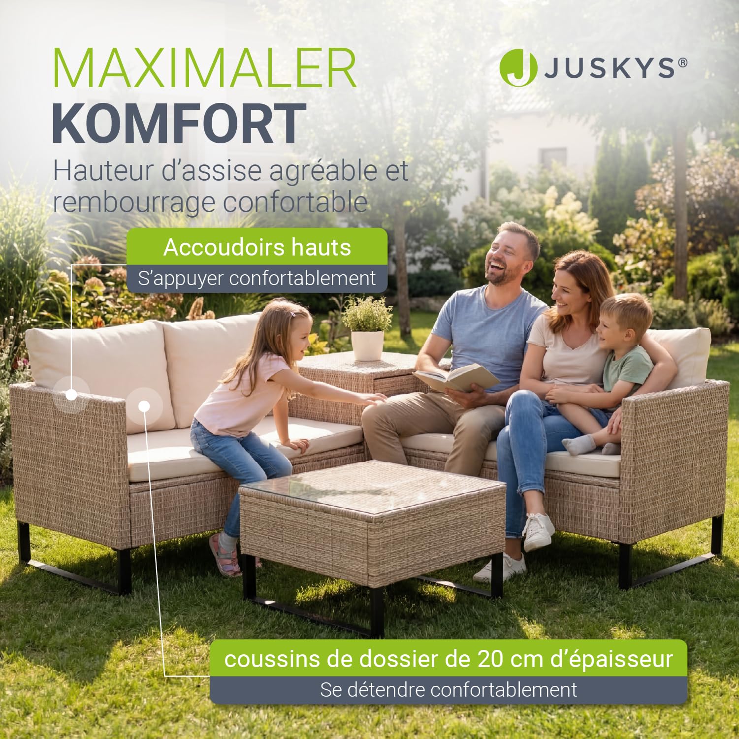Juskys Coin Lounge extérieur Santorini en polyrotin - Salon de Jardin avec Table Basse et Coffre à Coussins - Meubles de Jardin en Imitation rotin résistant aux intempéries - Crème