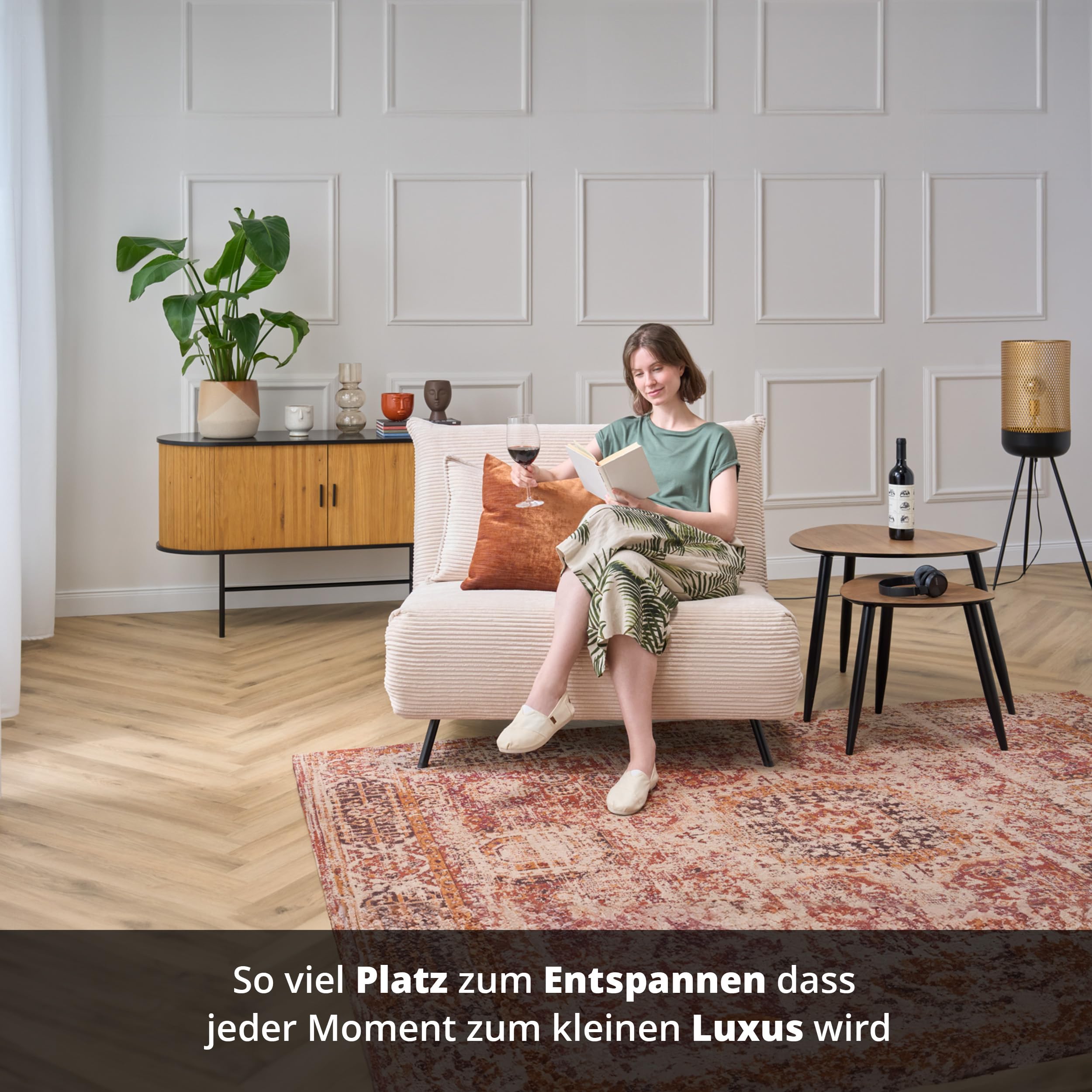 KHG Schlafsessel Beige - Liegefläche ca. 193x108 cm, Sitzhöhe 42 cm, Cordstoff, Relax- und Schlaffunktion, Nosag-Wellenunterfederung, inkl. Nierenkissen, modernes Design