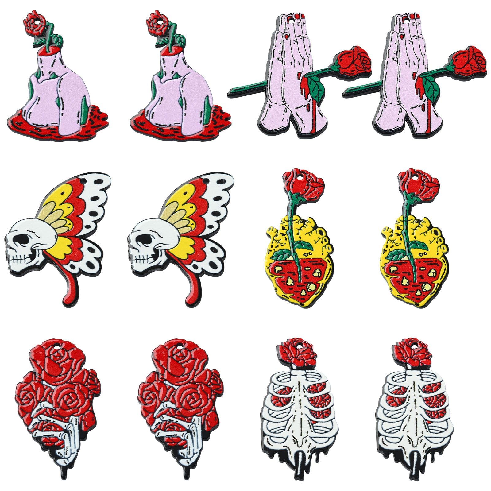 Stiesy 12Pcs 6 Styles Red Gothic Charms Acrylic Skull Rose Heart Flower Pendant Charm Halloween Printed Dangle Charms for Jewellry Making Bracelet Crafting