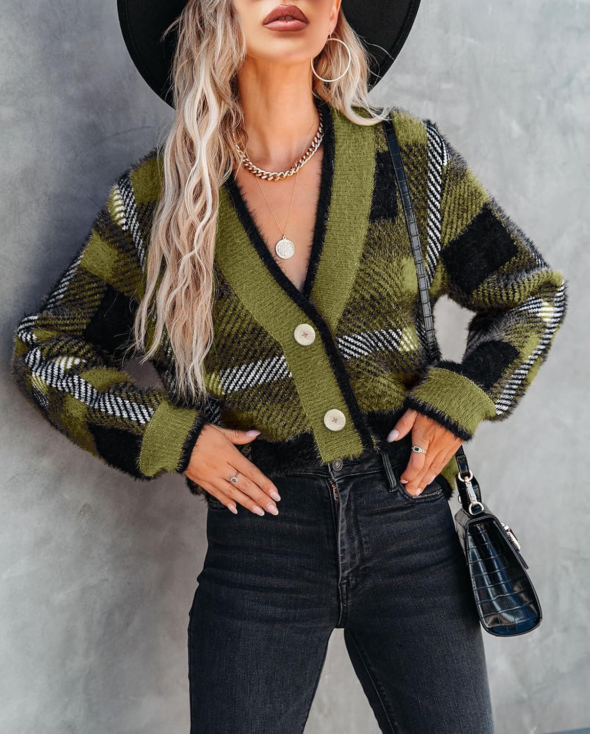 Imily Bela Womens Cardigan Sweaters Plaid Fuzzy Knit V Neck Button Down Long Sleeve Cozy Cardigans Pullover Tops - Image 2