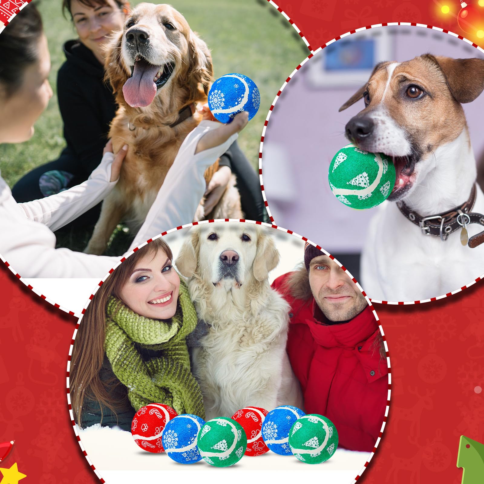 Libima 36 Stück Weihnachts-Tennisbälle für Hunde, 6,3 cm, Spielzeugball für kleine, mittelgroße und große Hunde, langlebiges Kauspielzeug für aggressive Hunde, Training, Fangen, 3 Stile
