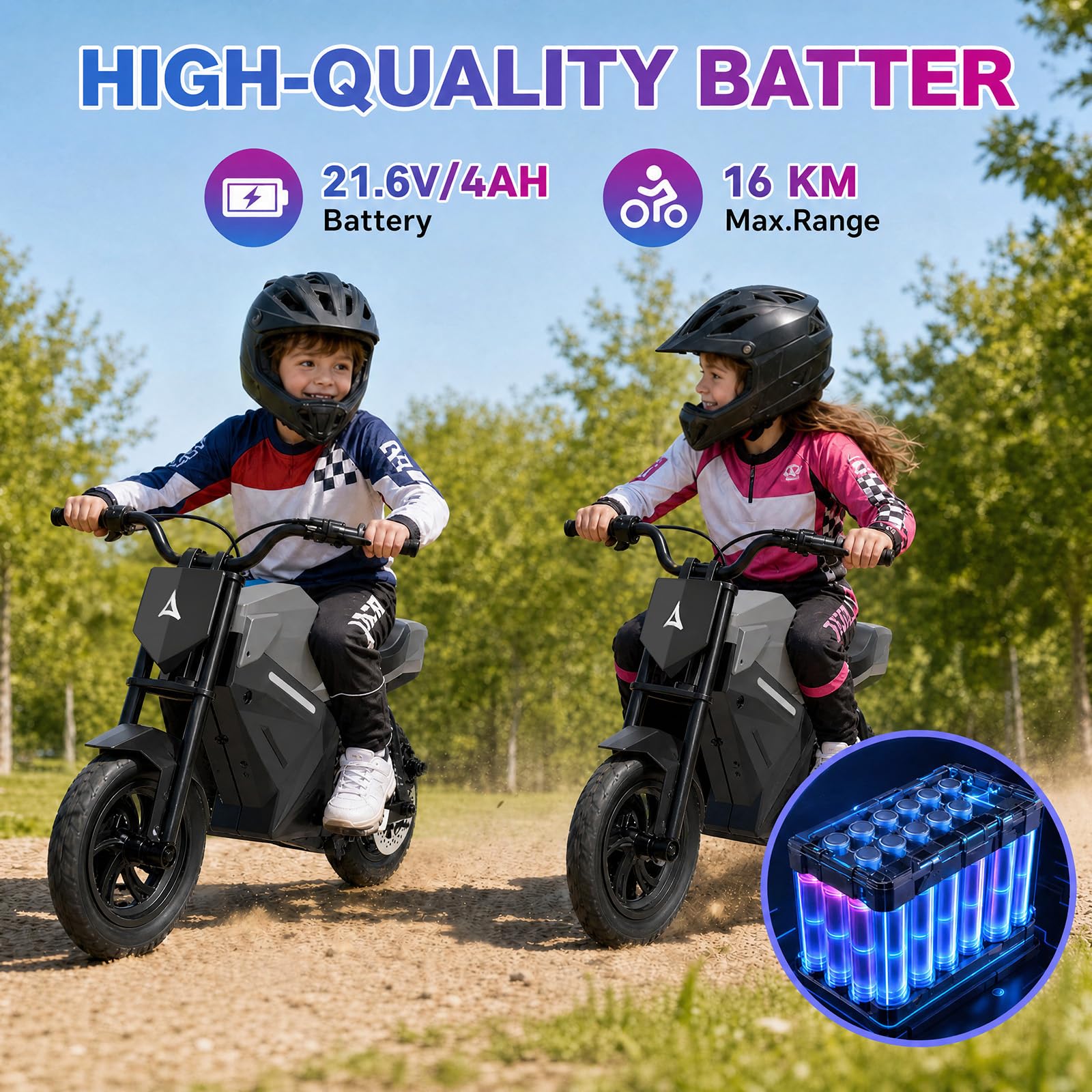 Elektro Motorrad Kinder 250W Motor 21.6V 4AH (Silber) | 8/16 km/h 10 Meilen Reichweite 12.5" Luftreifen Moto Cross für Kinder ab 110 cm Körpergröße