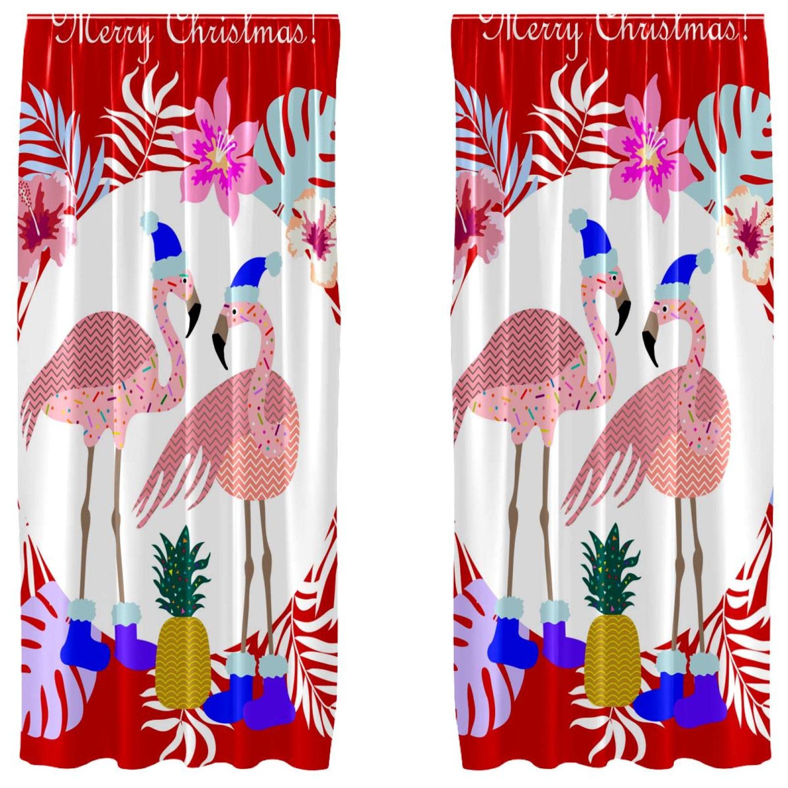 Rideaux décoration fenêtre salon flamant rose de Noël | Cadeau de fêtes