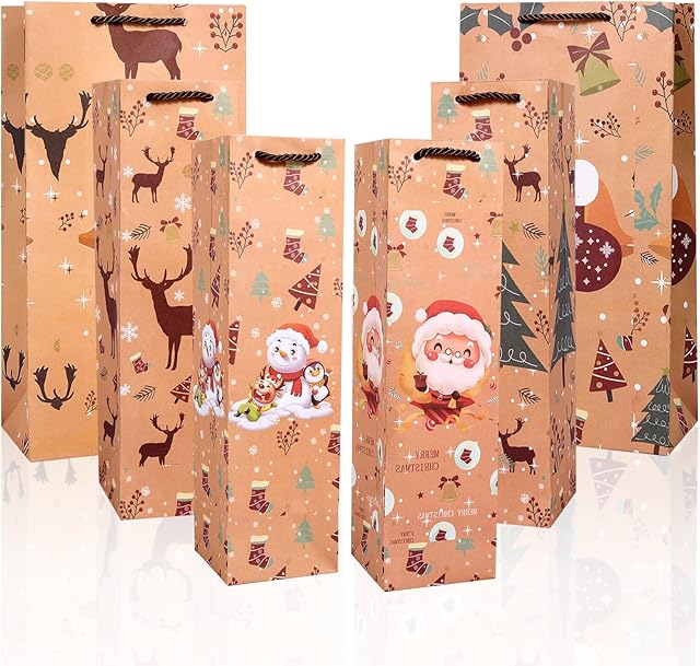Bottle Bags Gift Christmas, Christmas Bottle Bags, Kraft Paper Wine Bottle Gift Bags with Handle, Two-Bottle Gift Bags + Single Gift Bags 6 Pcs Xmas Wine Gift Bags for Wine, Whiskey ,Spirits