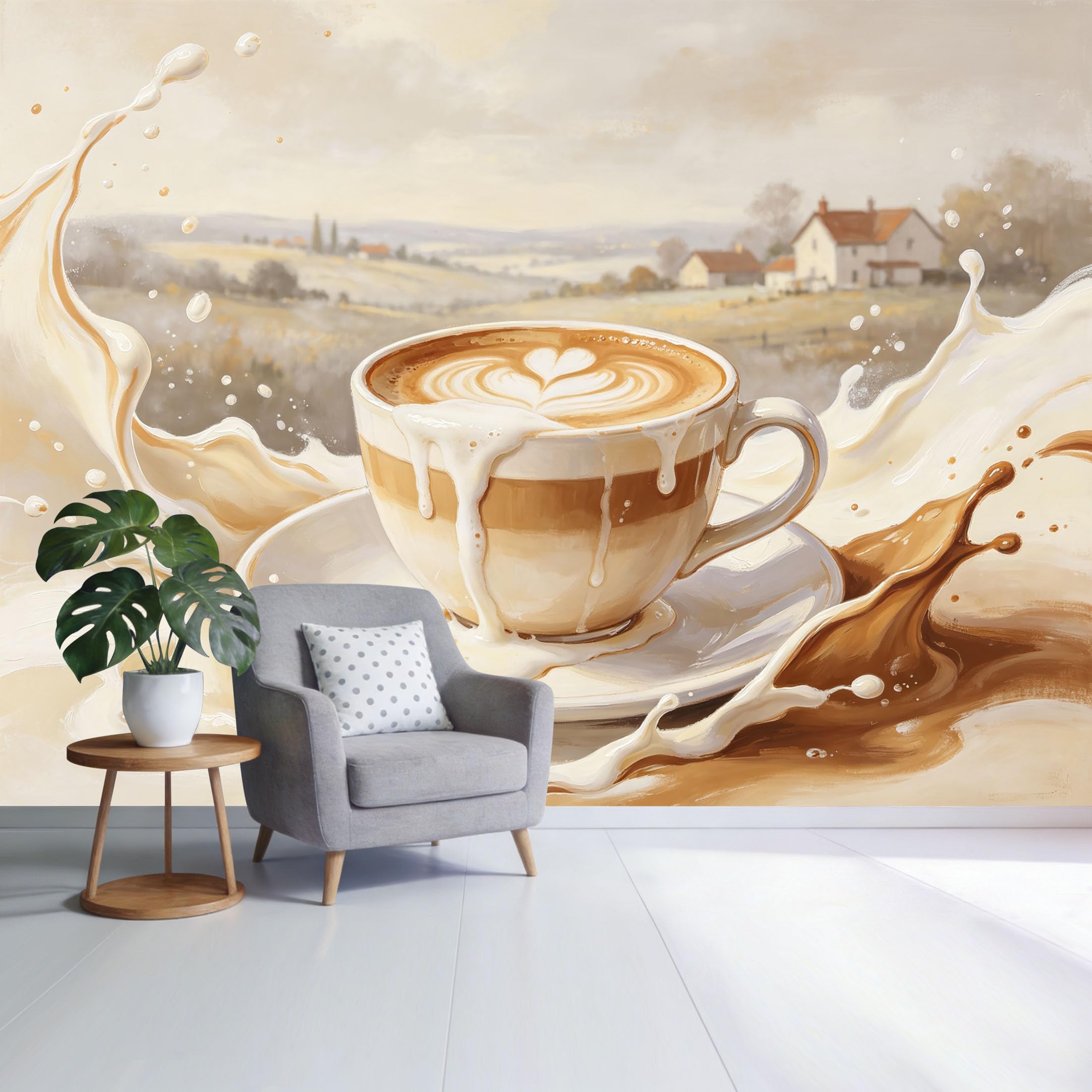 Custom Size Wall Mural Coffee Latte Splash with Countryside Landscape Watercolor Style SelfAdhesive Wall Fabric Removable Wallpaper for Home Office Decor