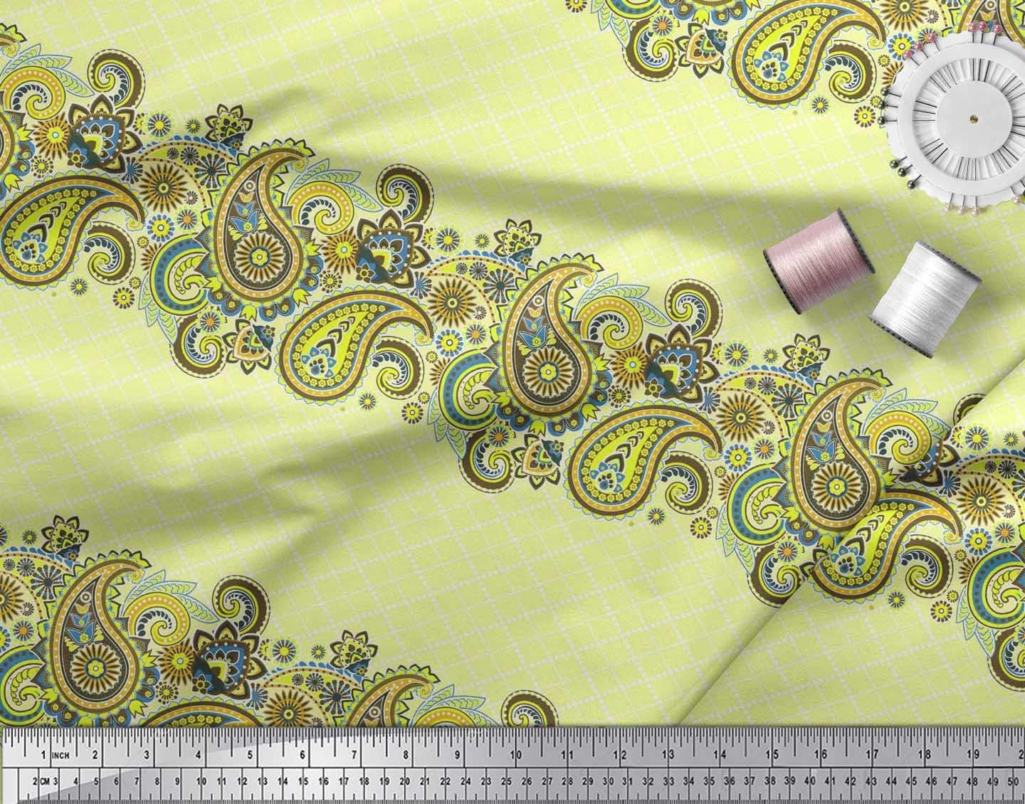 Soimoi Cotton Canvas | 42" Wide, Sold by The Yard | Paisley Pattern - Yellow | Durable Medium Weight Fabric for Bags, Curtains, Crafts & Décor image 2