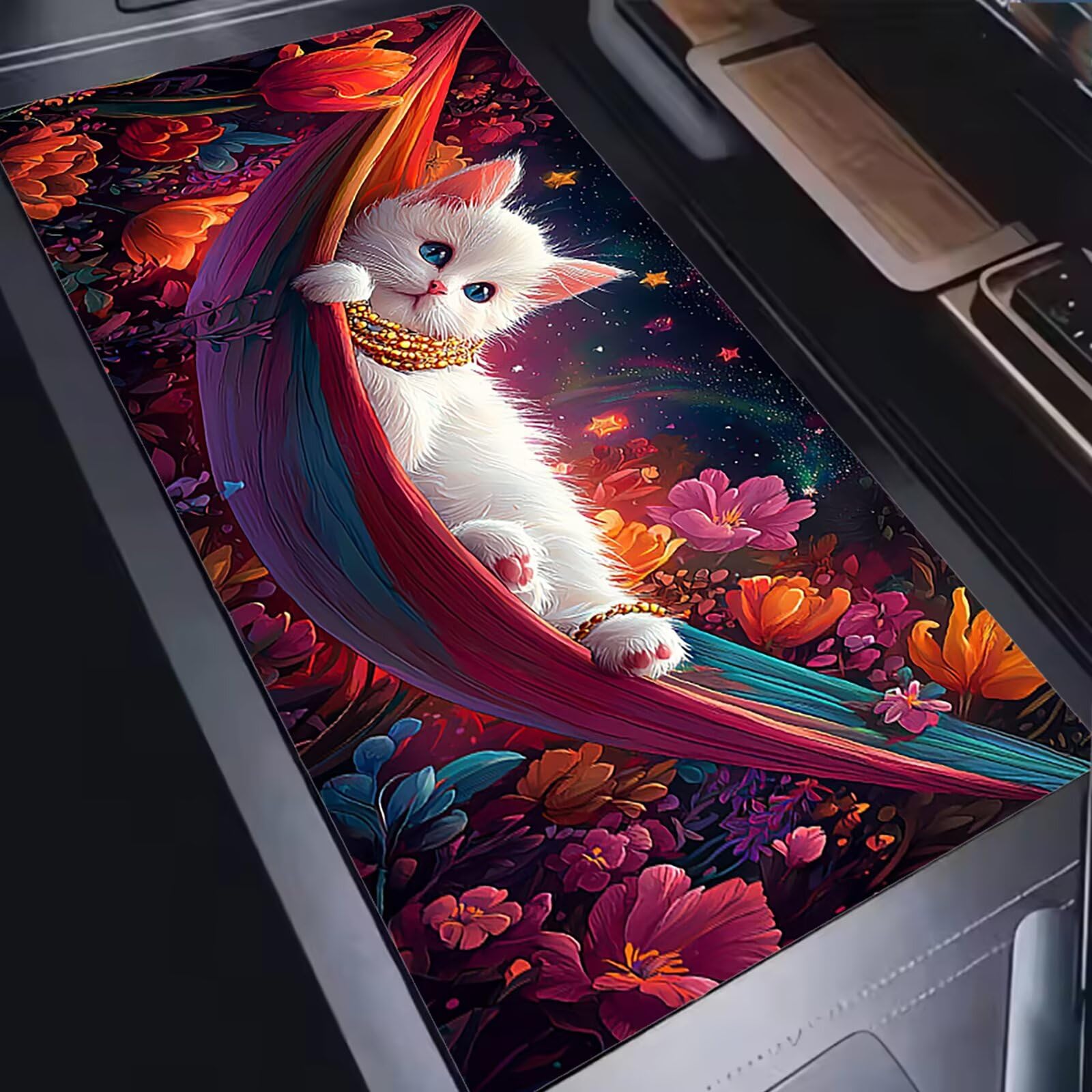 Tappetino Mouse XXL 1200x600x3mm Mouse Pad Gaming, Gatto Bianco Stelle, Mousepad Base Antiscivolo, Esteso Accessori Scrivania Tracciamento Ad Alta Precisione tappetino per Computer Ufficio, C0P-978
