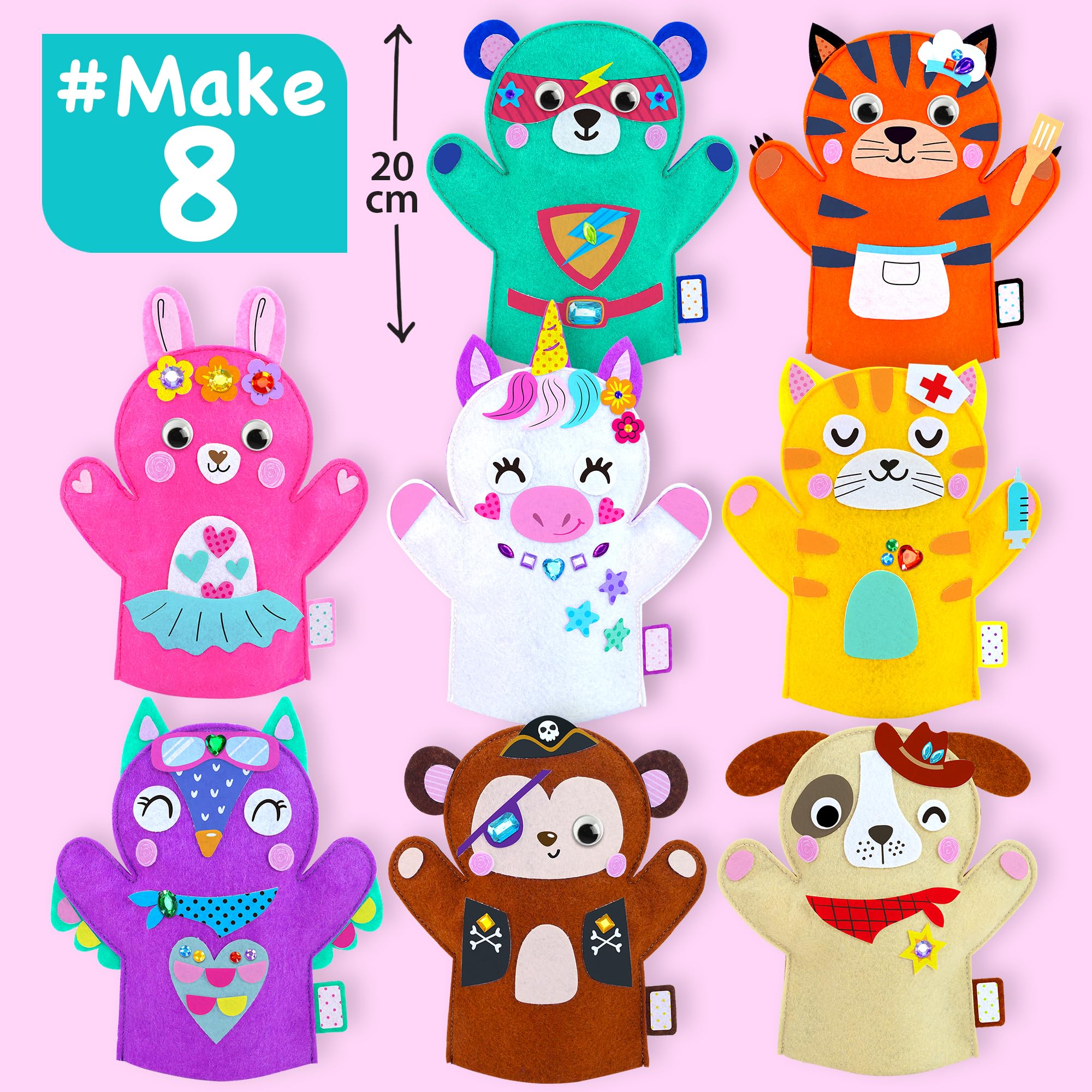 EZCRA Unicorn Hand Puppet Making Kit for Kids Age 5-8 - DIY Puppet Making Craft Kit - Creative Arts & Crafts Set, Educational Gift - 8 Projects, Extra Stickers for Decoration