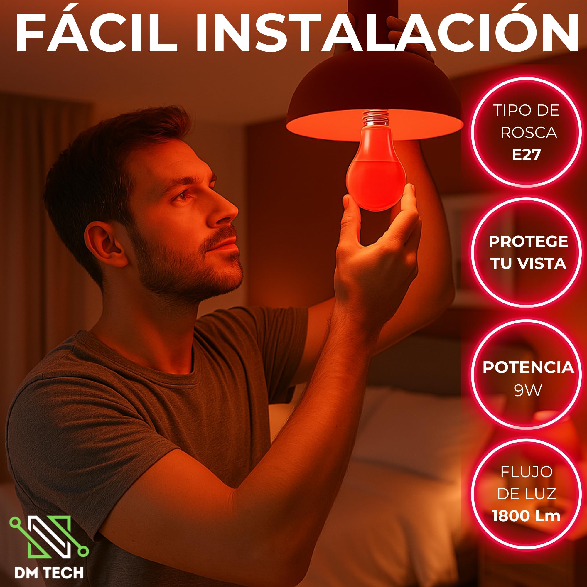 DM TECH PACK 2 Luz Roja Nocturna Melatonina E27 - Bombilla Terapia Roja para Dormir - 0% Luz Azul + Rosca Estándar + Mejora del Ritmo de Descanso