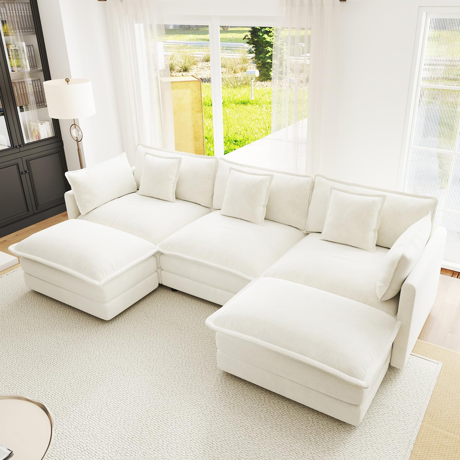 YICORPS 111.5” Modular Sectional Sofa Upholstered 3 Seater Chenille U-Shaped Convertible Cloud Couch with 2 Ottomans and Pillows for Living Room,Apartment,Home Theater(Beige)-image-33