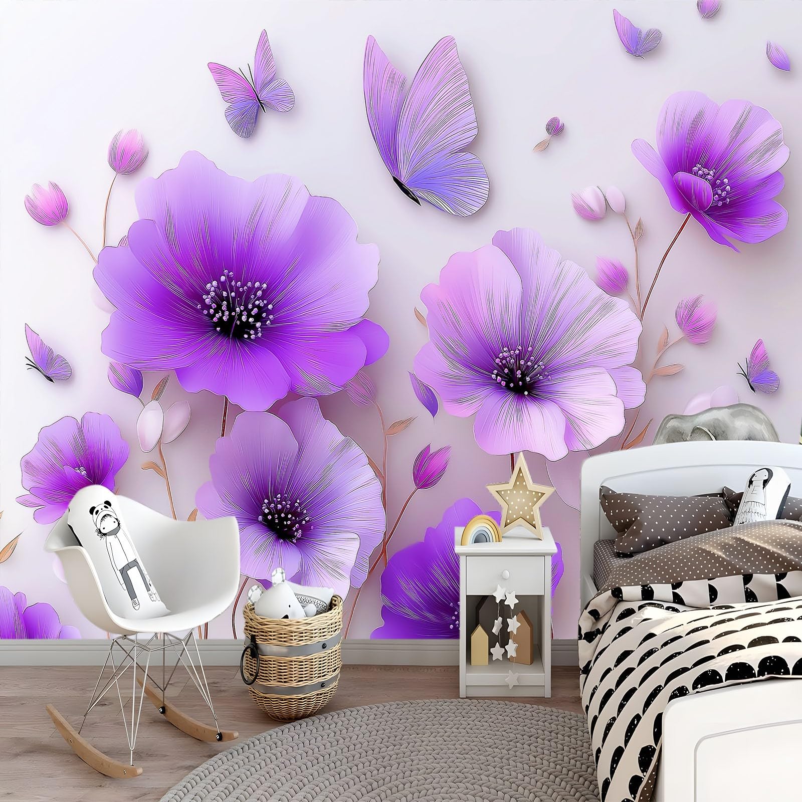 Panoramiczna tapeta 3D nowoczesny estetyczny kwiatowy motyl botaniczny liliowy 200 x 140 cm, tapeta z włókniny - fresk ścienny do salonu, sypialni i biura, dekoracja ścienna druk HD