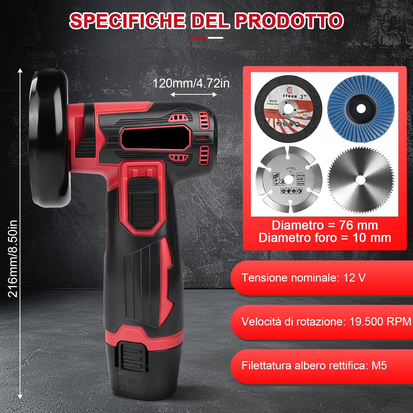 Smerigliatrice Angolare Senza Fili 3 Pollici, 500W 19500 Giri/Min Mini Smerigliatrice Angolare Elettrica da 76 mm, Lucidatrice Manuale Ricaricabile Con 6 Dischi, per Tagliare Piastrelle, Legno, Pietra