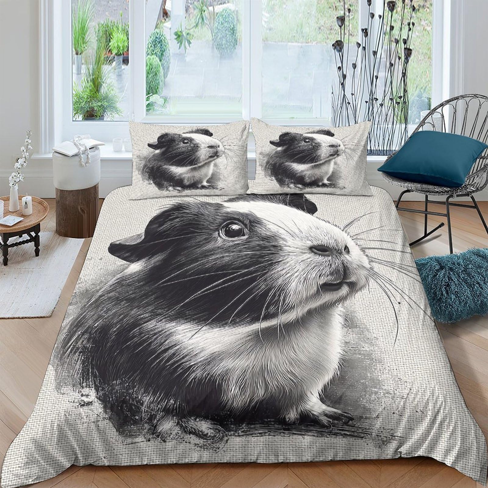 TUFRTGYHN 3D Printed Guinea Pig Duvet Cover Microfiber Soft Breathable Black White Bedding Set with 2 Pillowcases for Bedroom Decor Single（135x200cm）