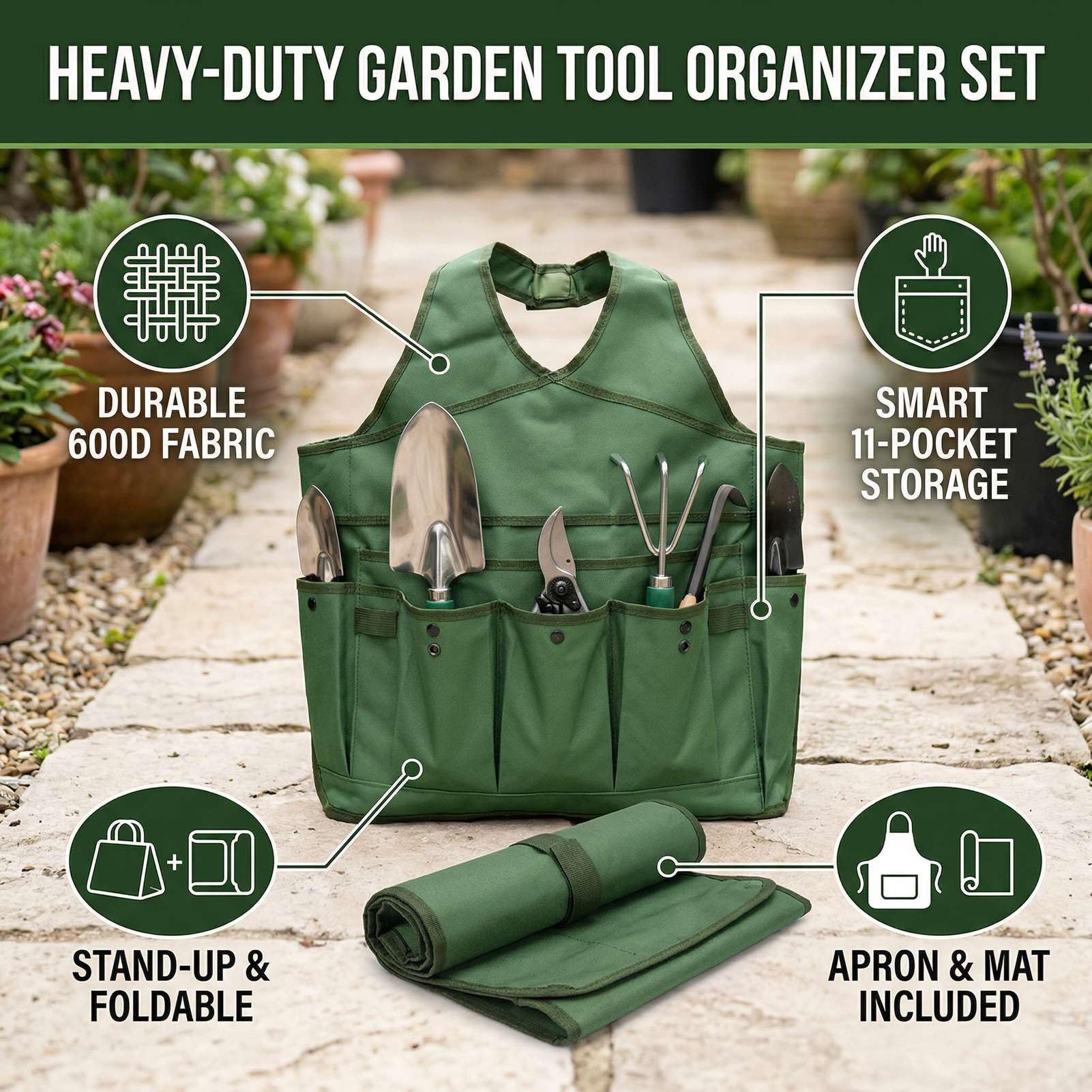 Generic 3-teilige Garten-Werkzeugtasche, Organizer, Oxford-Stoff, Robuste Gartentasche, Aufbewahrungswerkzeugkasten, 11 Taschen, Stehend, Faltbar, mit Schürze, Bodenersatzmatte