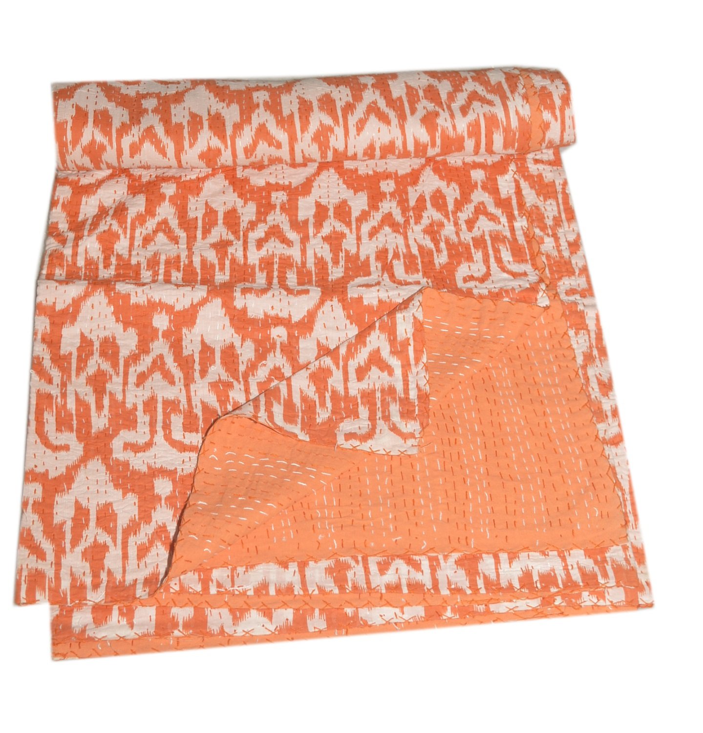 Tribal Asian Textiles Orange Ikat Kantha Quilt Queen Size Bed Spread Bed Cover Indian Throw Handmade
