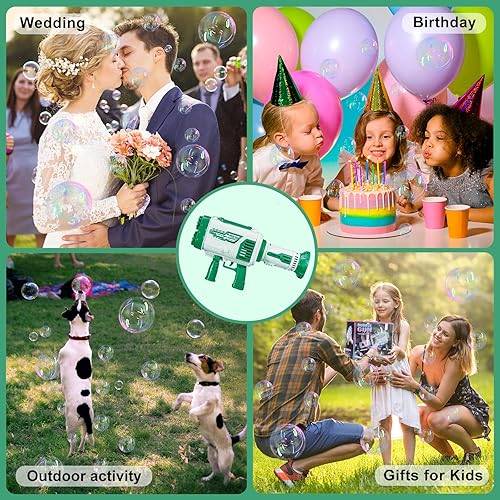 Miniatura 7 de Pistola de burbujas  La máquina de 64 agujeros tiene luces LED, la pistola de burbujas de mano grande tiene dos baterías recargablesseis botellas de