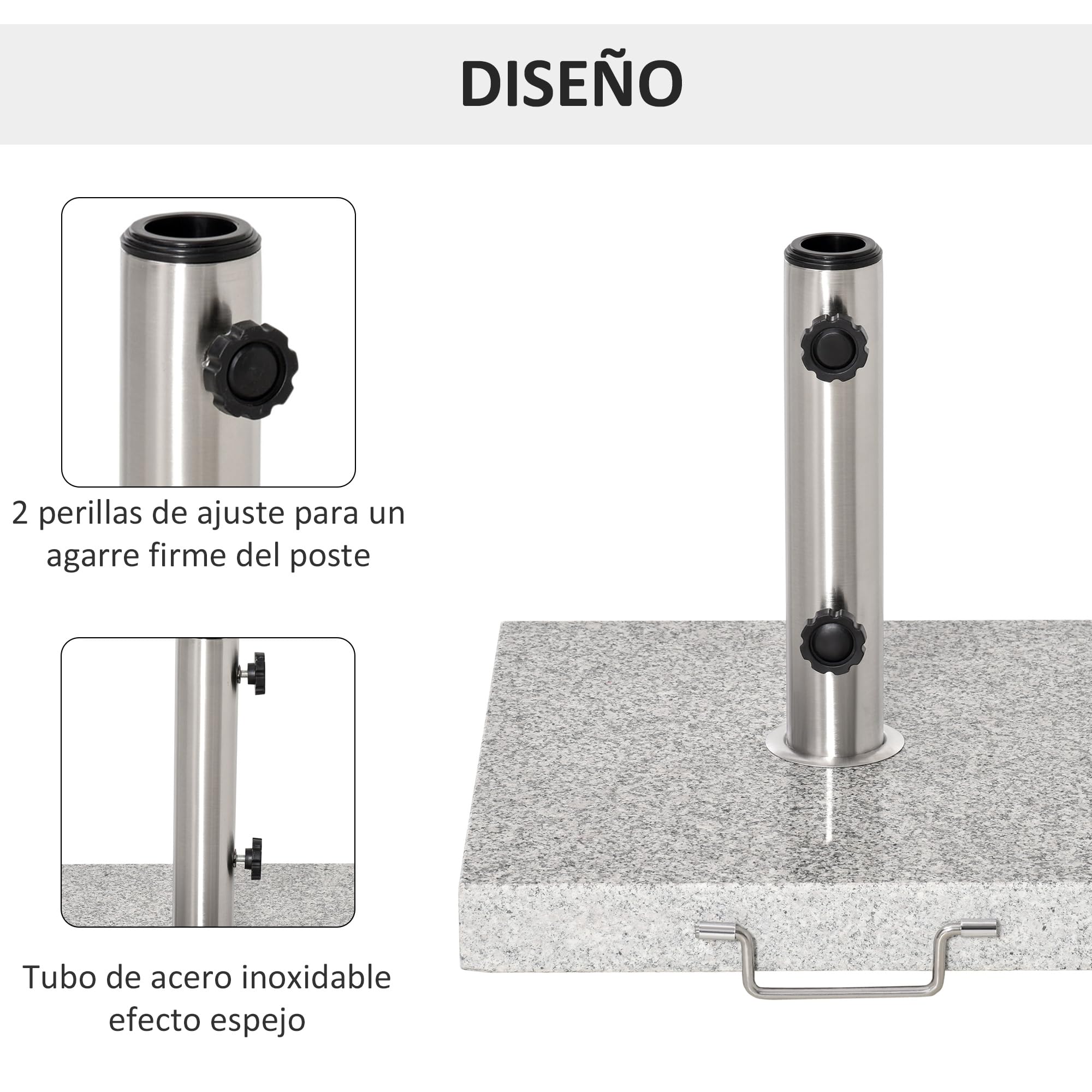 Outsunny Base de Sombrilla Exterior Universal 25 kg de Mármol con 2 Ruedas y Asa de Transporte Tubo de Ø35/38/48 mm Soporte de Parasol para Jardín Balcón Patio 40x40x36 cm Gris