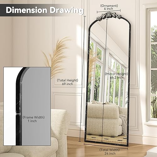 Miniatura 3 de Hasipu Espejo de pared vintage negro de 69 x 24 pulgadas, espejo arqueado antiguo con marco de metal, espejo adornado negro, espejo barroco para
