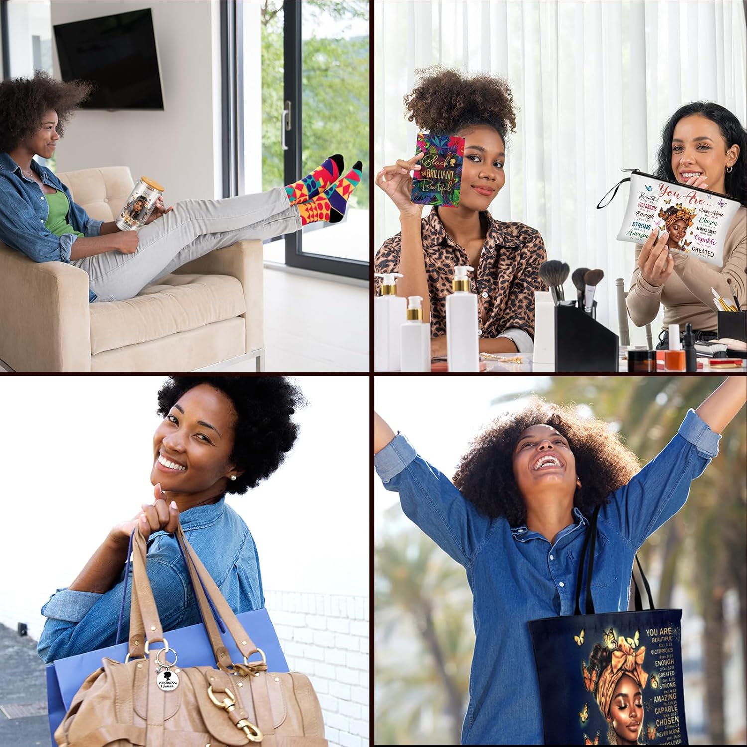 African American Gifts Set for Women - African American Tote Bag, Makeup Bag, Glass Cup, Socks, Keychain and More for Black Mom Friends Birthday Christmas Graduation Mother's Day Present - Image 6