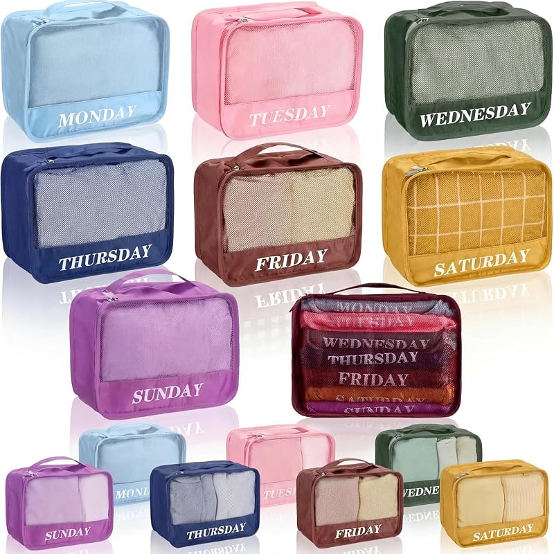 Yeyeplum 15 cubos de embalaje para el día de la semana, viajes para niños, 9 x 7 x 3 pulgadas, Boho | Esenciales para campamentos de verano, organizadores semanales, diseño de malla transparente, clasificador de ropa escolar, para viajes