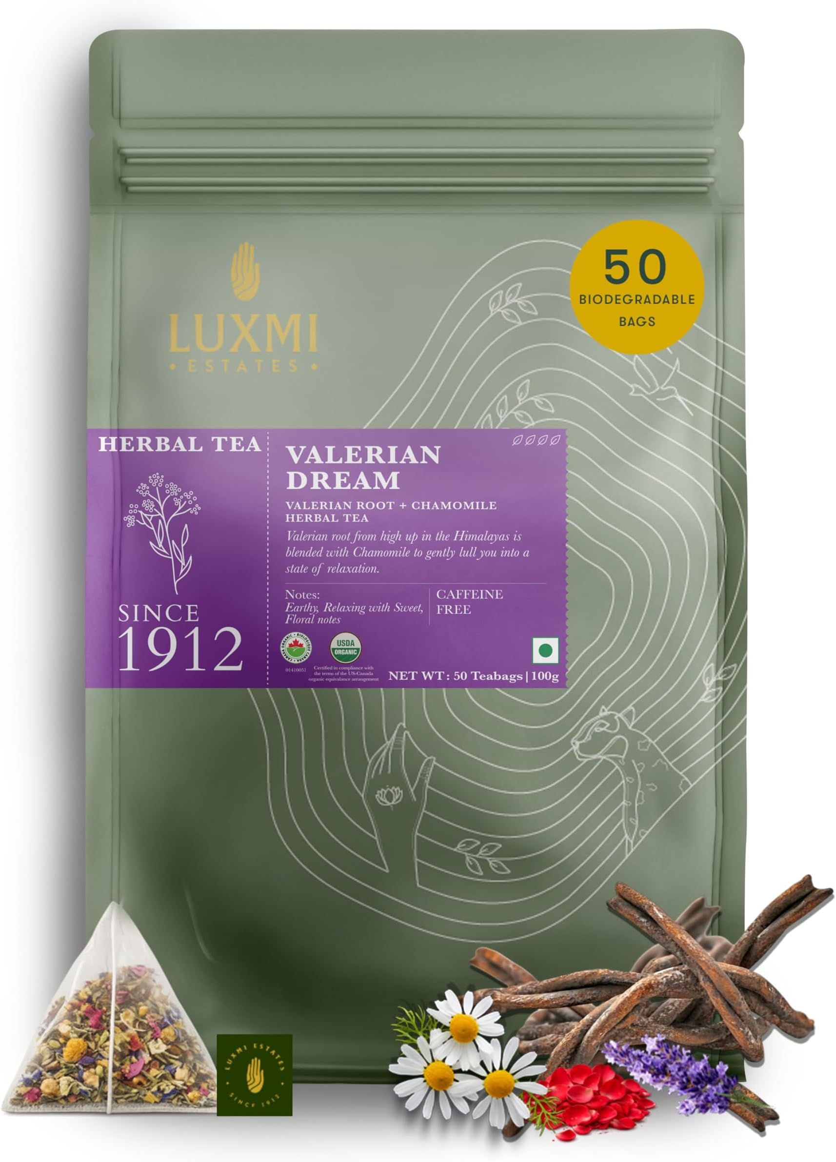 Luxmi Estates - Valerian Dream - Organic Valerian Root Tea for Sleep (50 Tea Bags, Valerian Root)