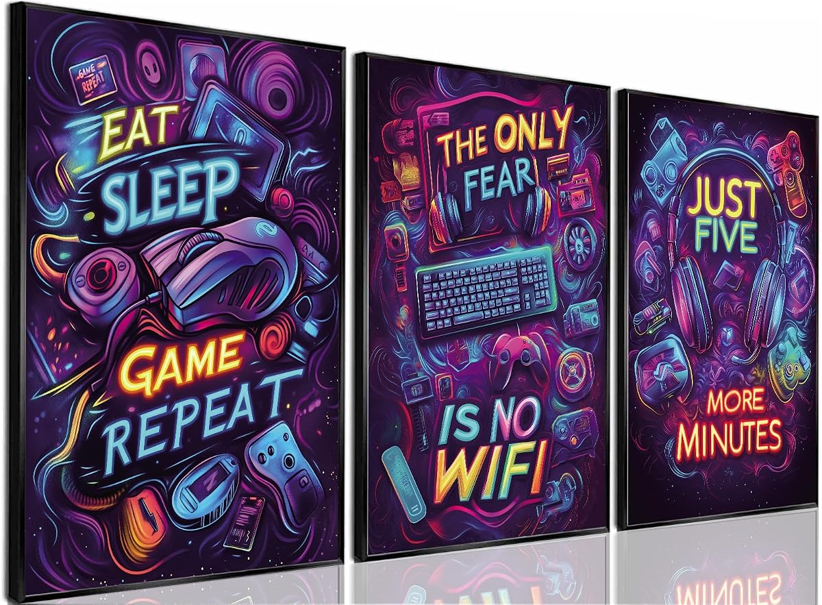 Yolbcdr Neon Gaming Quote Canvas Wall Art Poster Set of 3, 12x16 inch | Colorful Game Room Decor, Video Game Quote Poster Set, Boys Bedroom Playroom