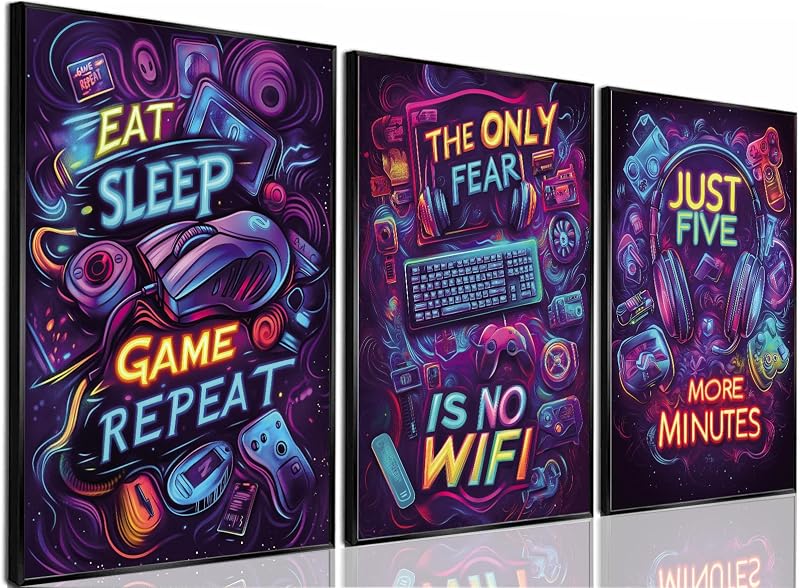 Yolbcdr Neon Gaming Quote Canvas Wall Art Poster Set of 3, 12x16 inch | Colorful Game Room Decor, Video Game Quote Poster Set, Boys Bedroom Playroom