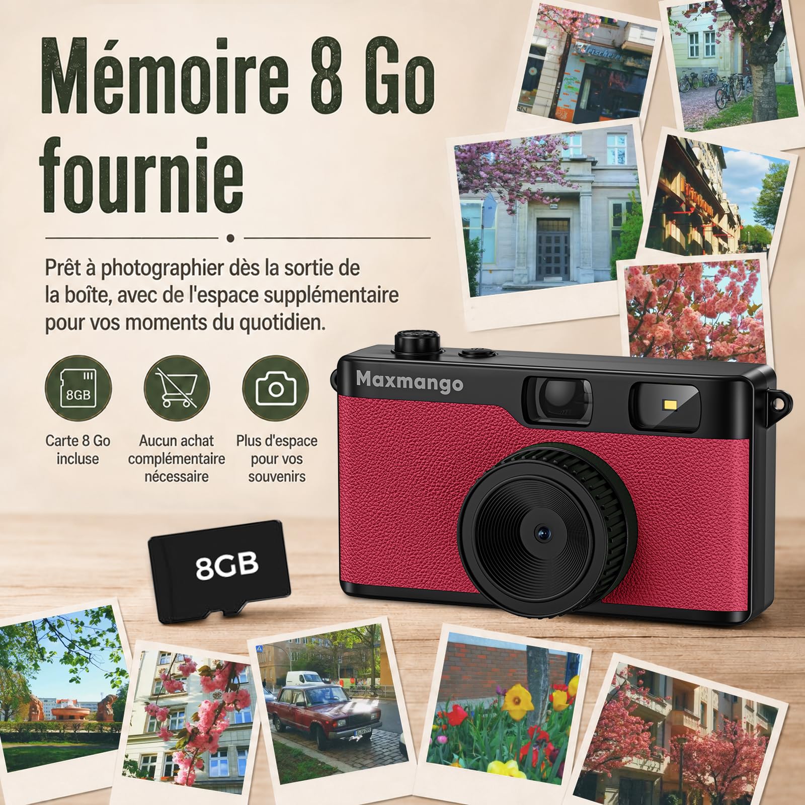 Maxmango D53 Appareil Photo Vintage sans Écran, Appareil Photo Numérique Rétro 12 MP, Filtres DIY à Télécharger, Transfert USB-C, Carte SD 8 Go Incluse (Rose)