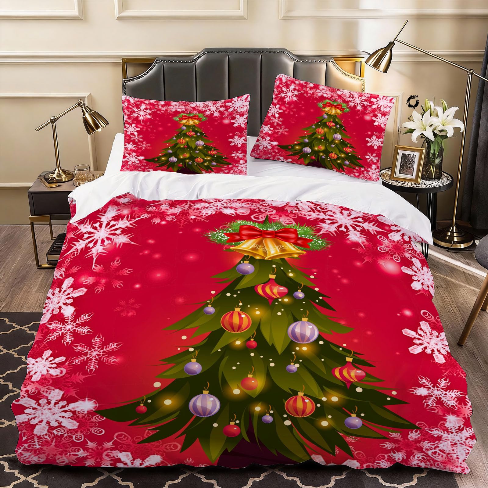 3D Christmas Tree Snowflake Duvet Cover Holiday Motif Bedding Single Bed Set, Soft Microfiber Comforter Cover Printed with Zipper Closure Quilt Coverr 135x200 cm and 2 Pillowcases