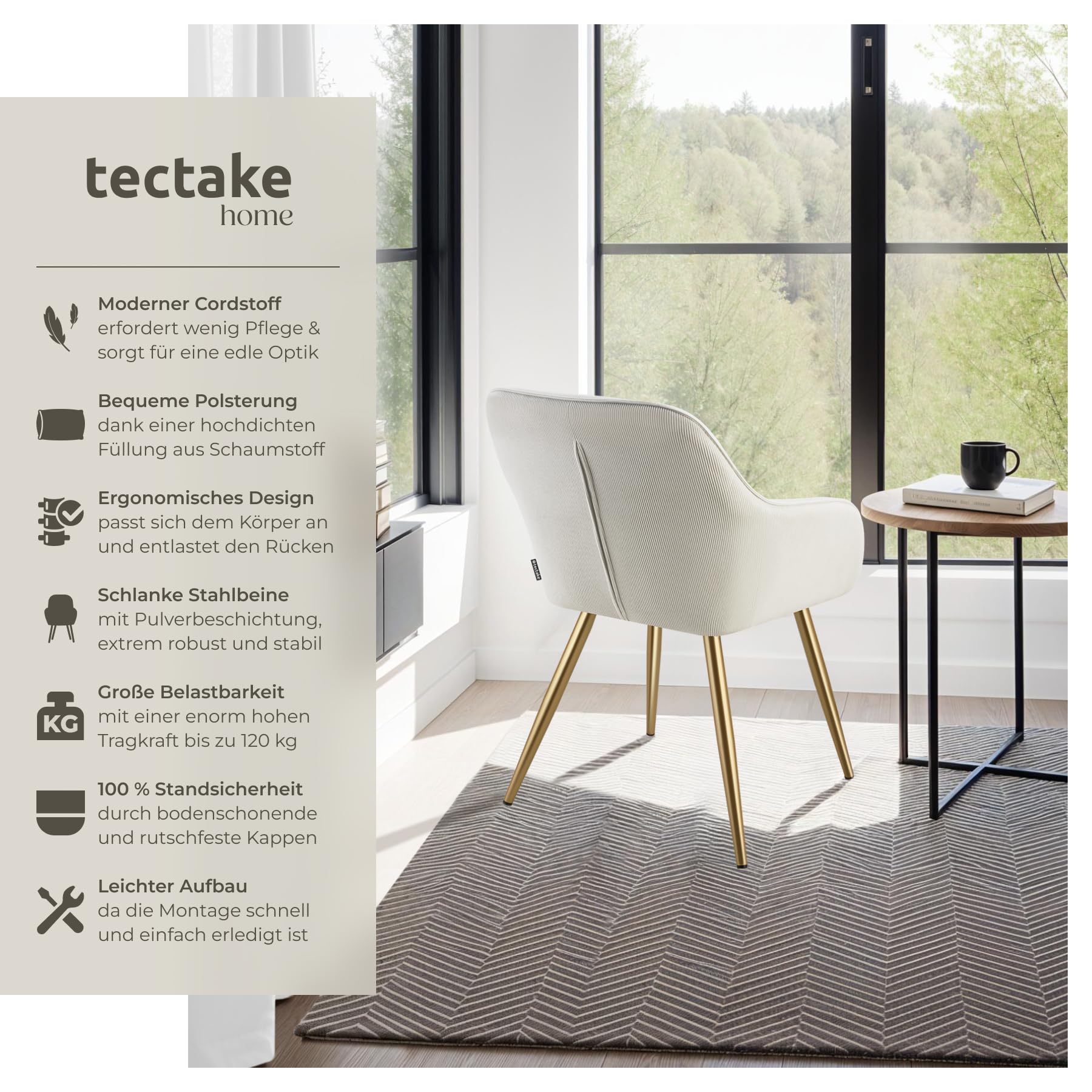 tectake® Esszimmerstuhl, Sessel bequem mit Armlehne, Polsterstuhl, Cord Cocktailsessel, Loungesessel für Wohnzimmer, Esszimmer, Moderne Küchenstühle, Bürostuhl - Creme/Gold