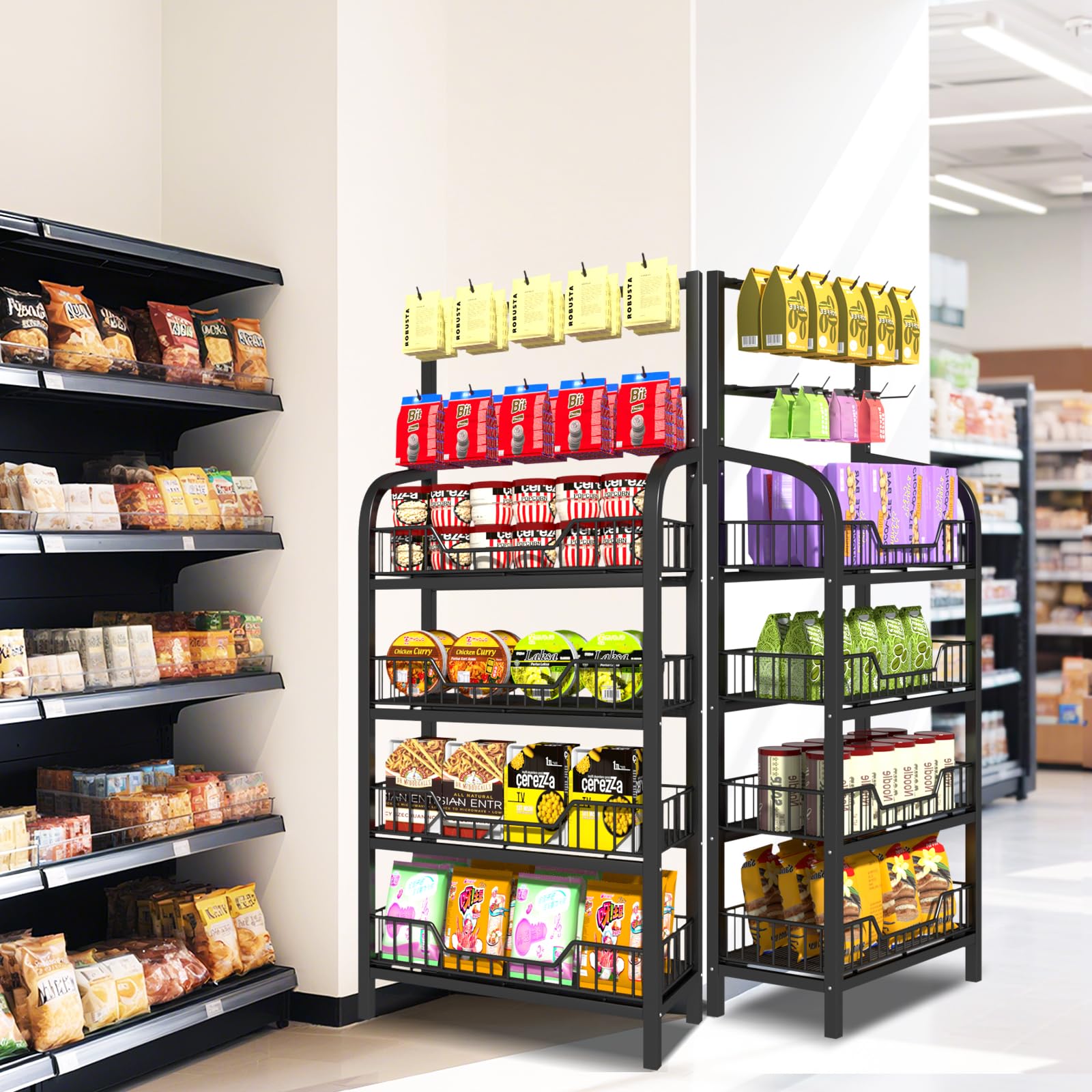 Présentoir à collations à 4 niveaux avec crochets, étagère de rangement pour bonbons, pommes de terre, collations pour supermarché, magasins, cuisine