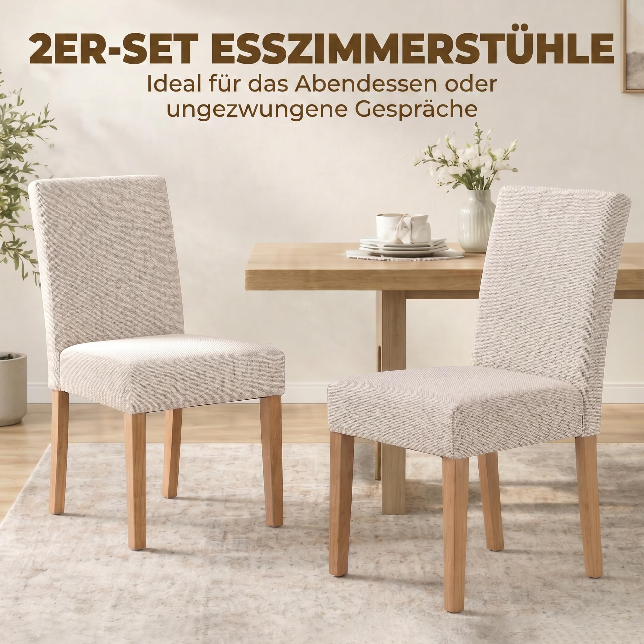HOMCOM Esszimmerstühle 2er Set Rückenlehne Leinenoptik Essstuhl Cremeweiß | Küchenstuhl, Moderner Polsterstuhl, Kautschukholzbeinen, für Esstisch, Wohnzimmer, Esszimmer