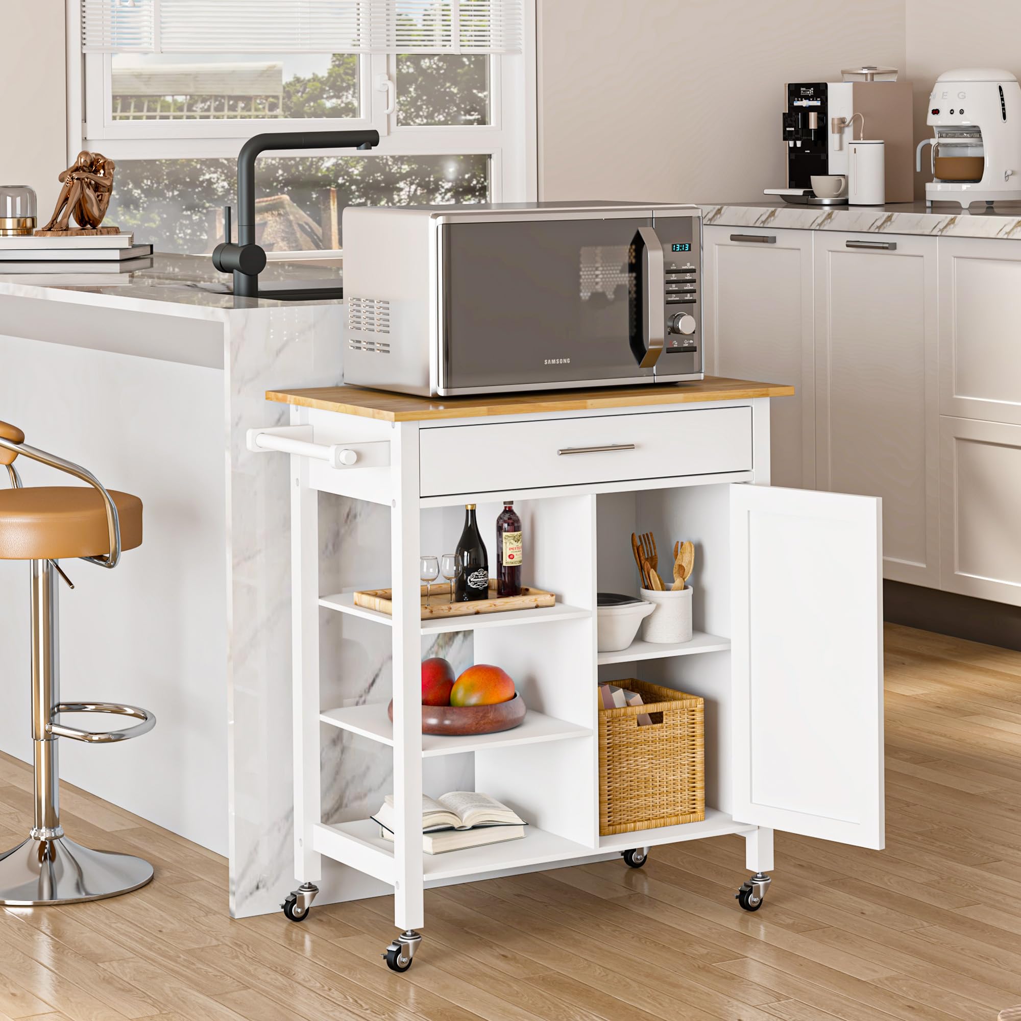 SogesHome Chariot de cuisine mobile îlot de cuisine sur roulettes avec grand tiroir 3 étagères et armoire avec porte et 2 étagères intérieures pour le rangement, 80 x 47 x 91,5 cm
