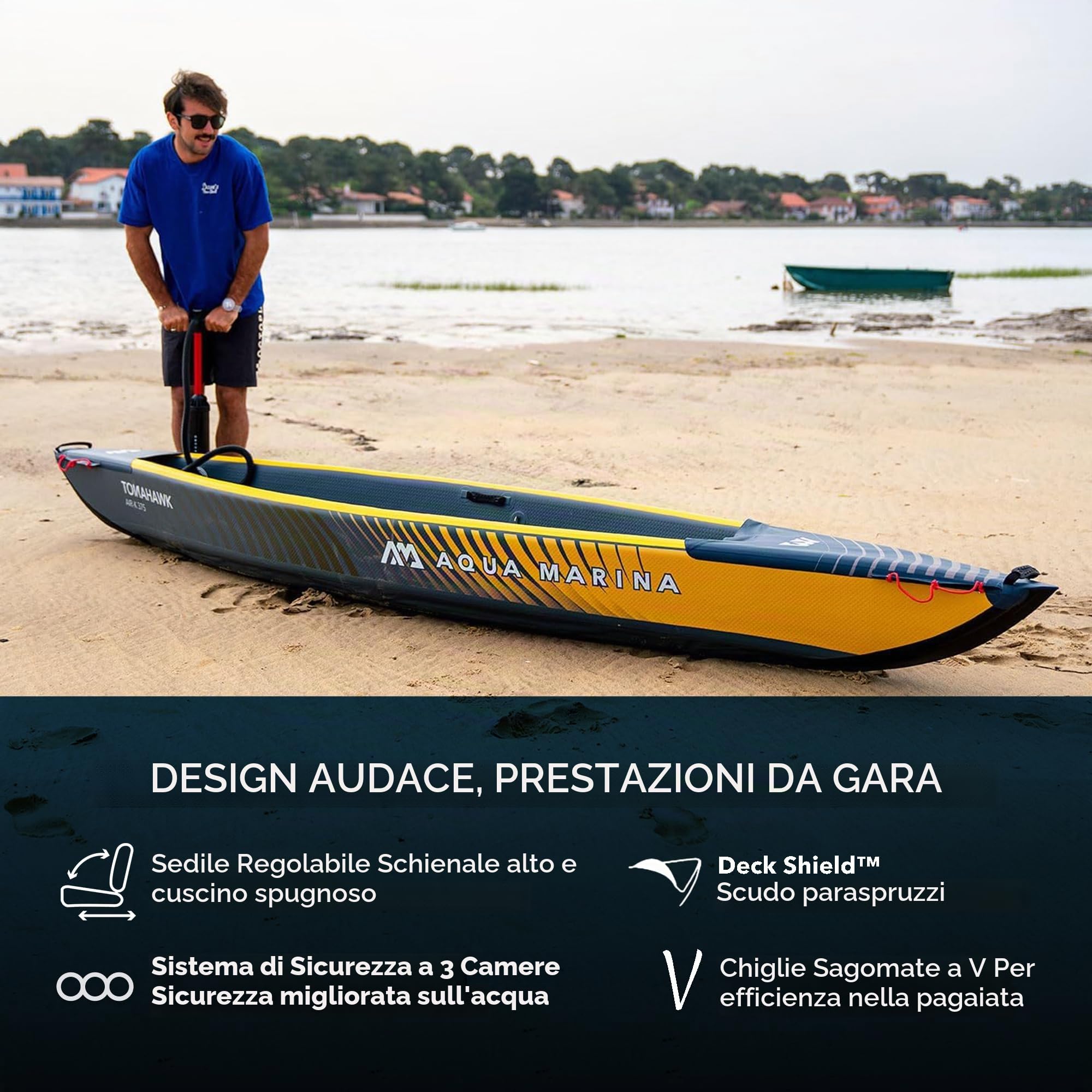 Aqua Marina Tomahawk, AIR-K - Kayak gonfiabile ad alta pressione, per 1 persona, lunghezza 375 cm, colore: blu marino/giallo