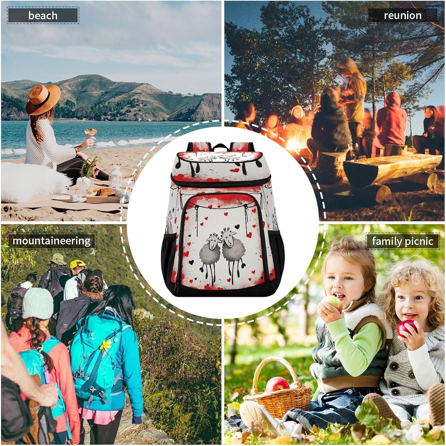 Two Cartoon Sheep Cooler Backpack 36 Cans Leakproof Waterproof Backpack Cooler Bag Beach Accessories Travel Camping Fishing Backpack for Women Men