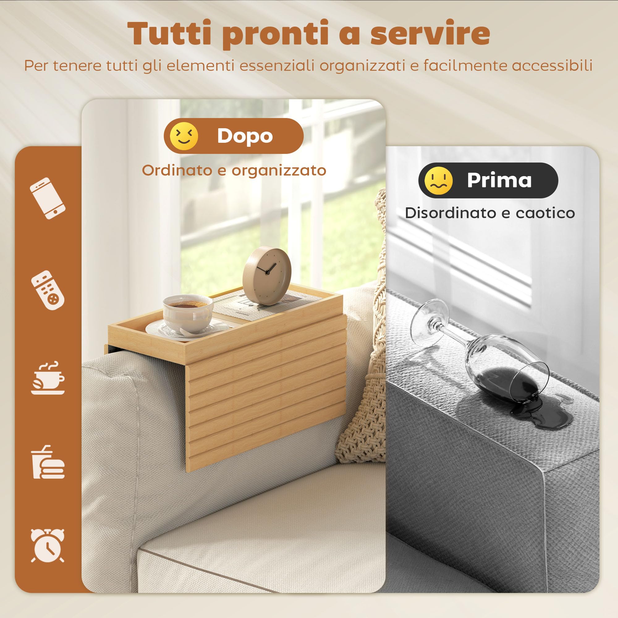 HOMCOM Vassoio da Divano per Bracciolo in bambù, Vassoio per Bracciolo Divano Flessibile e Arrotolabile, per Bevande, Snack e Telecomandi, Colore Legno