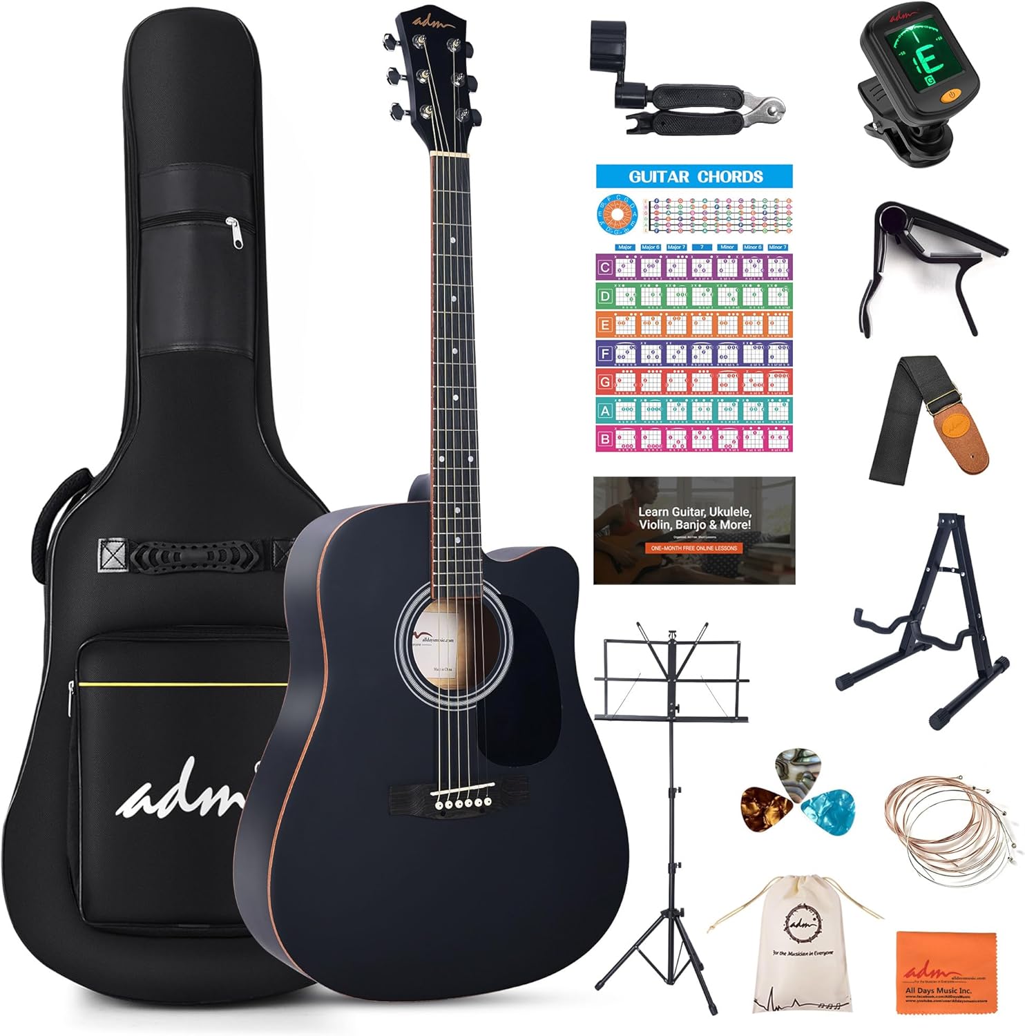 ADM Beginner Acoustic Guitar, Kids Students Cutaway Guitar Bundle Free Lessons with Gig Bag, Tuner, Strap, Picks, Extra Strings etc (Black-Cutaway, 41 Inch)