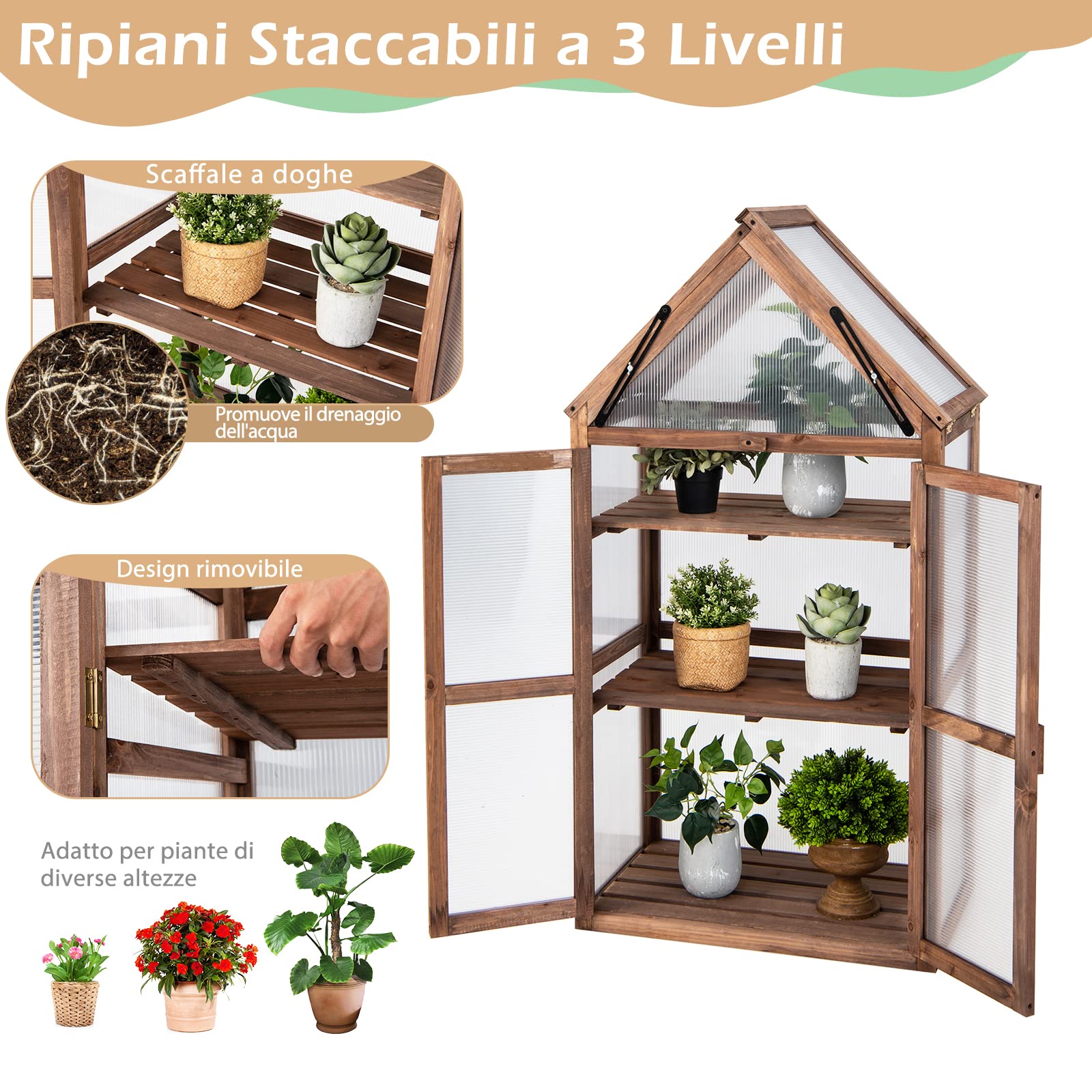 RELAX4LIFE Mini Serra da Giardino in Legno di Abete, Serra da Balcone Invernale, Serra Piccola per Interno ed Esterno, Mantenere la Temperatura, Resistente al Freddo (133 x 71 x 41 cm)